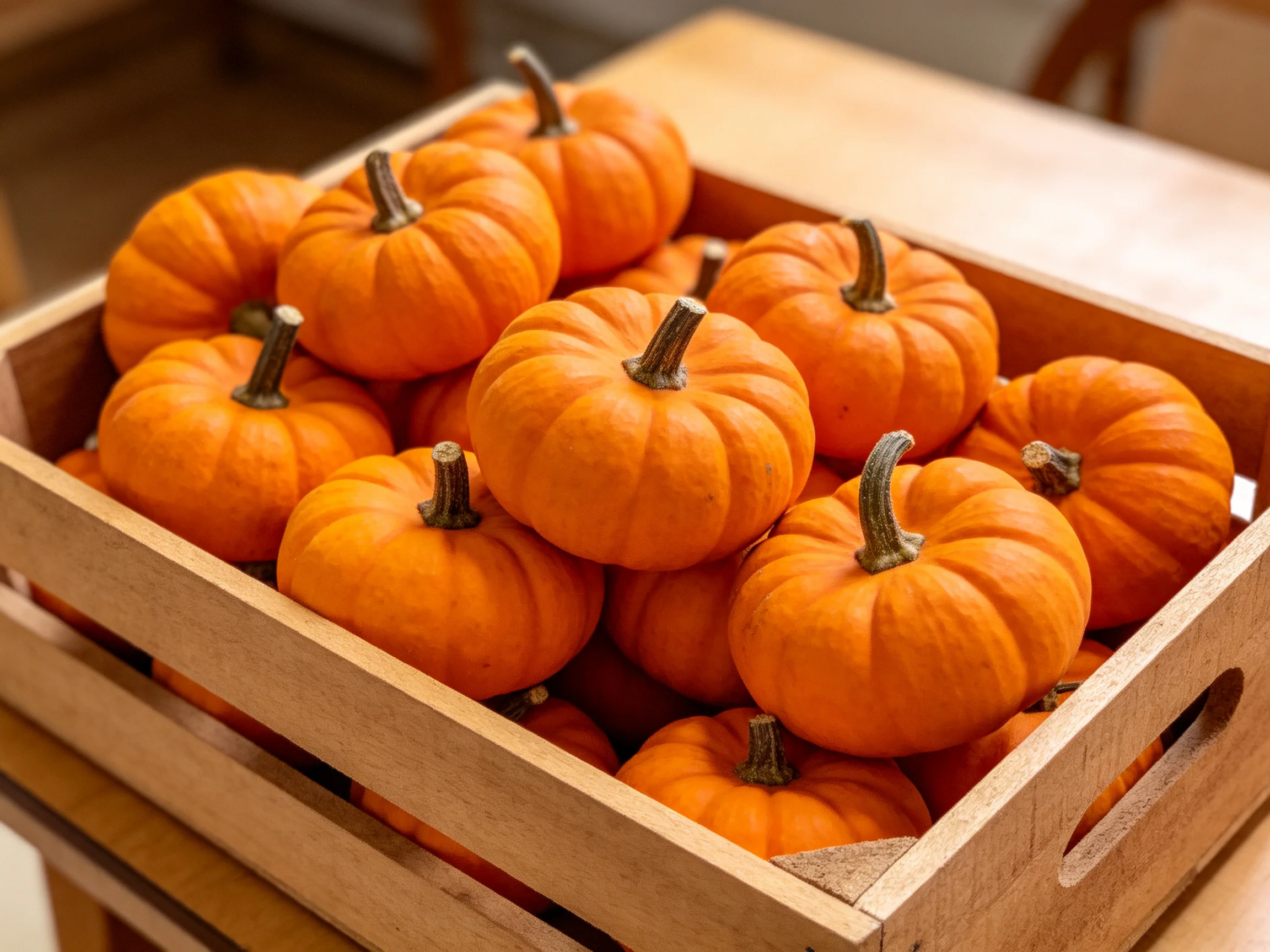 A wooden crate contains many small orange pumpkins with brown stems