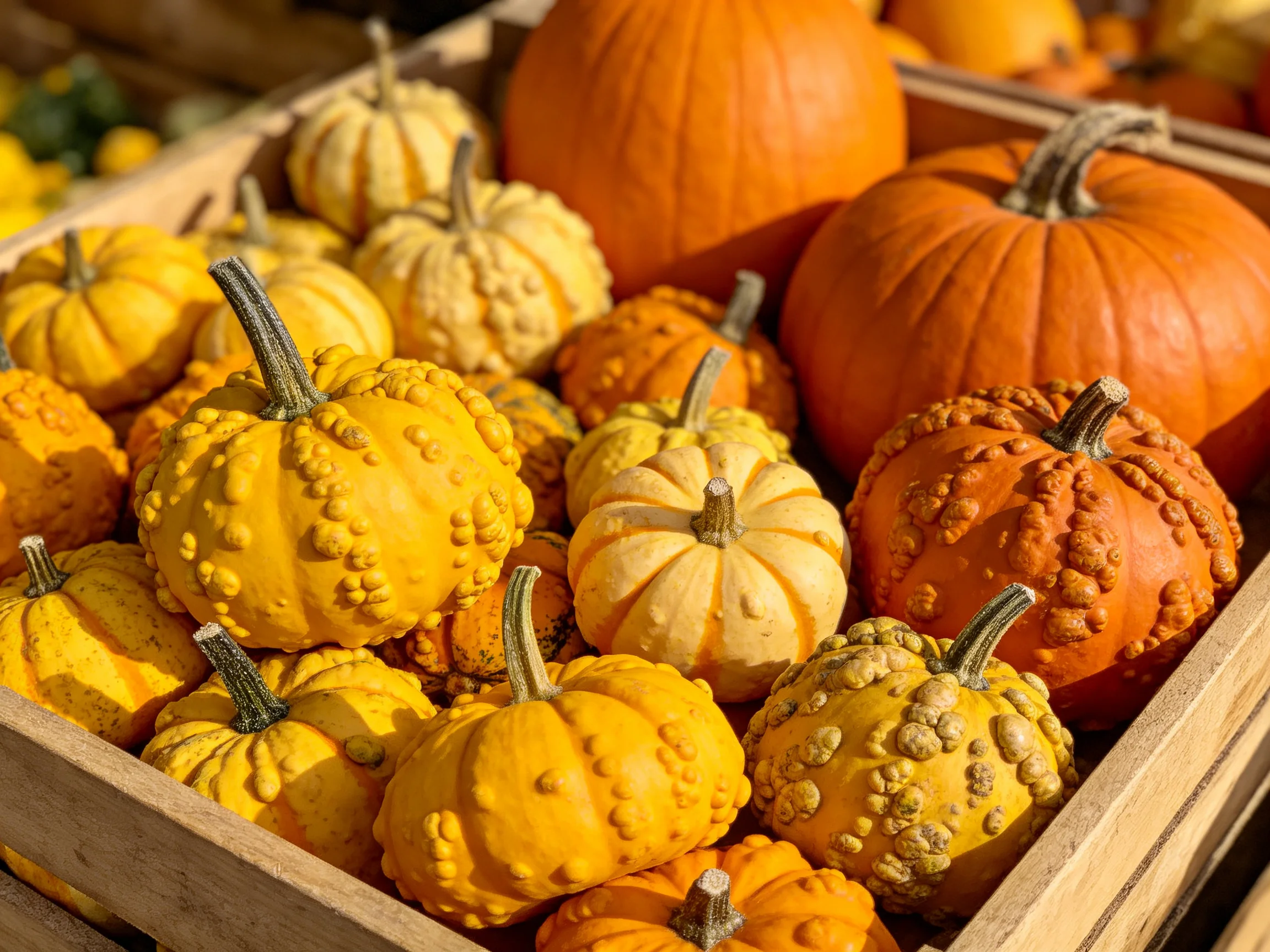 A wooden crate filled with assorted-sized yellow and orange gourds and pumpkins