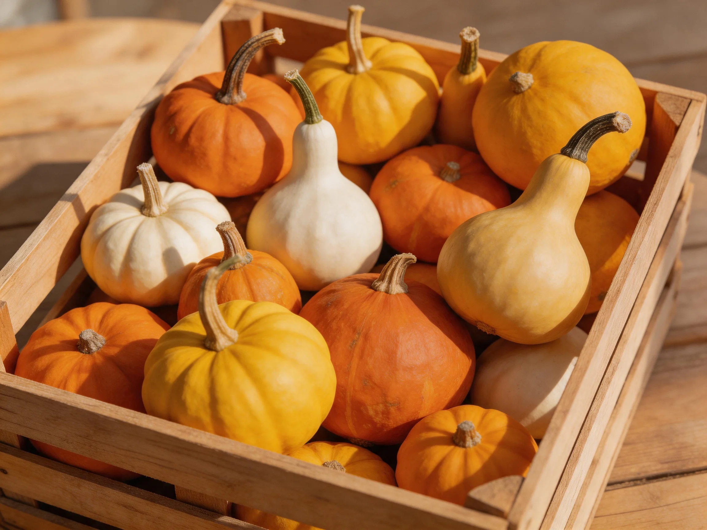 A wooden crate filled with colorful small pumpkins and gourds