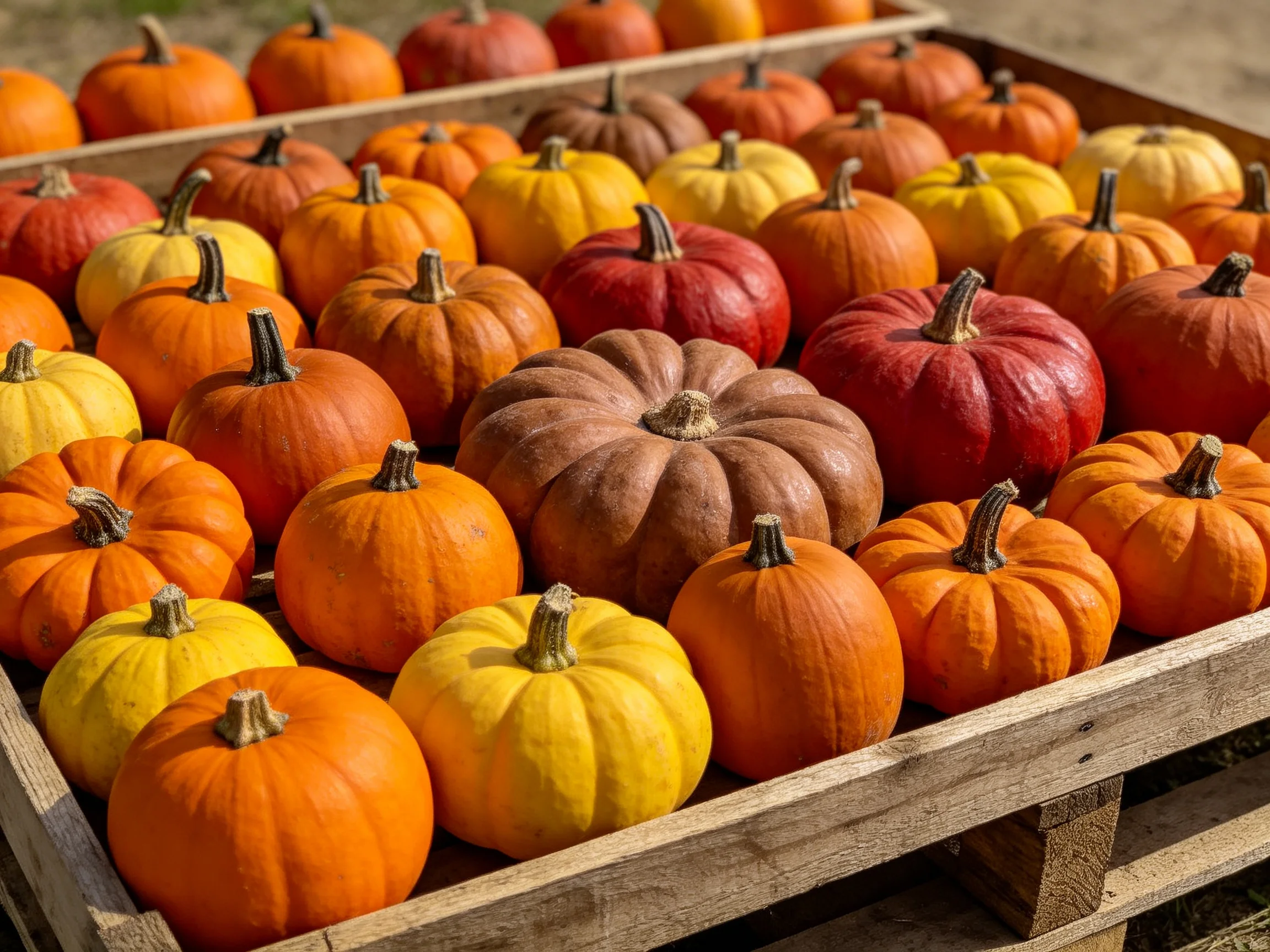 A wooden crate filled with colorful small pumpkins in autumn hues