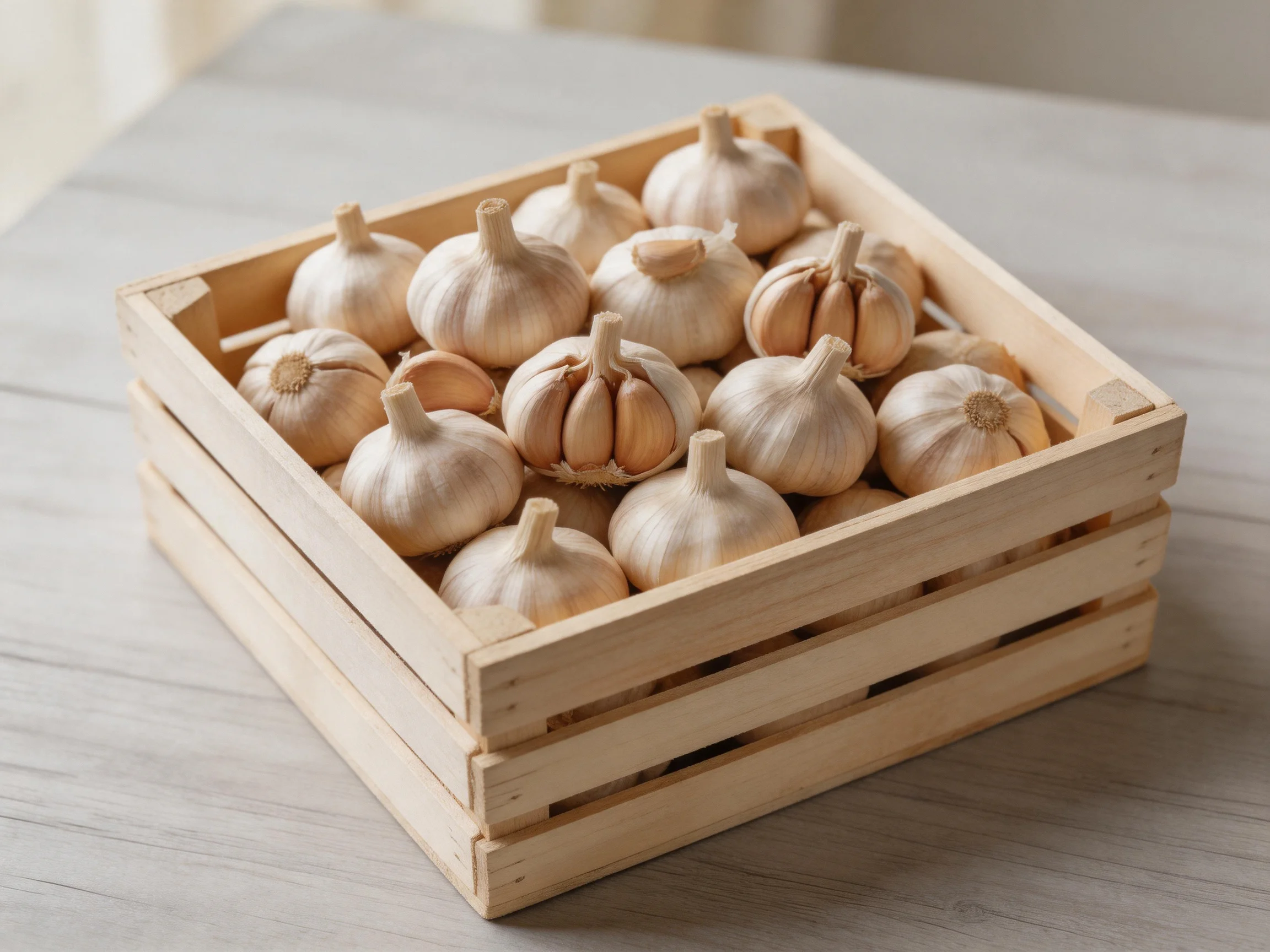 A wooden crate filled with numerous white garlic bulbs on a light table