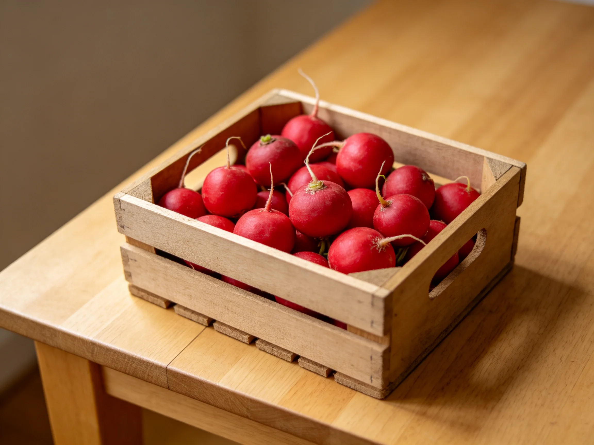 A wooden crate filled with vibrant red radishes sits on a light wood table
