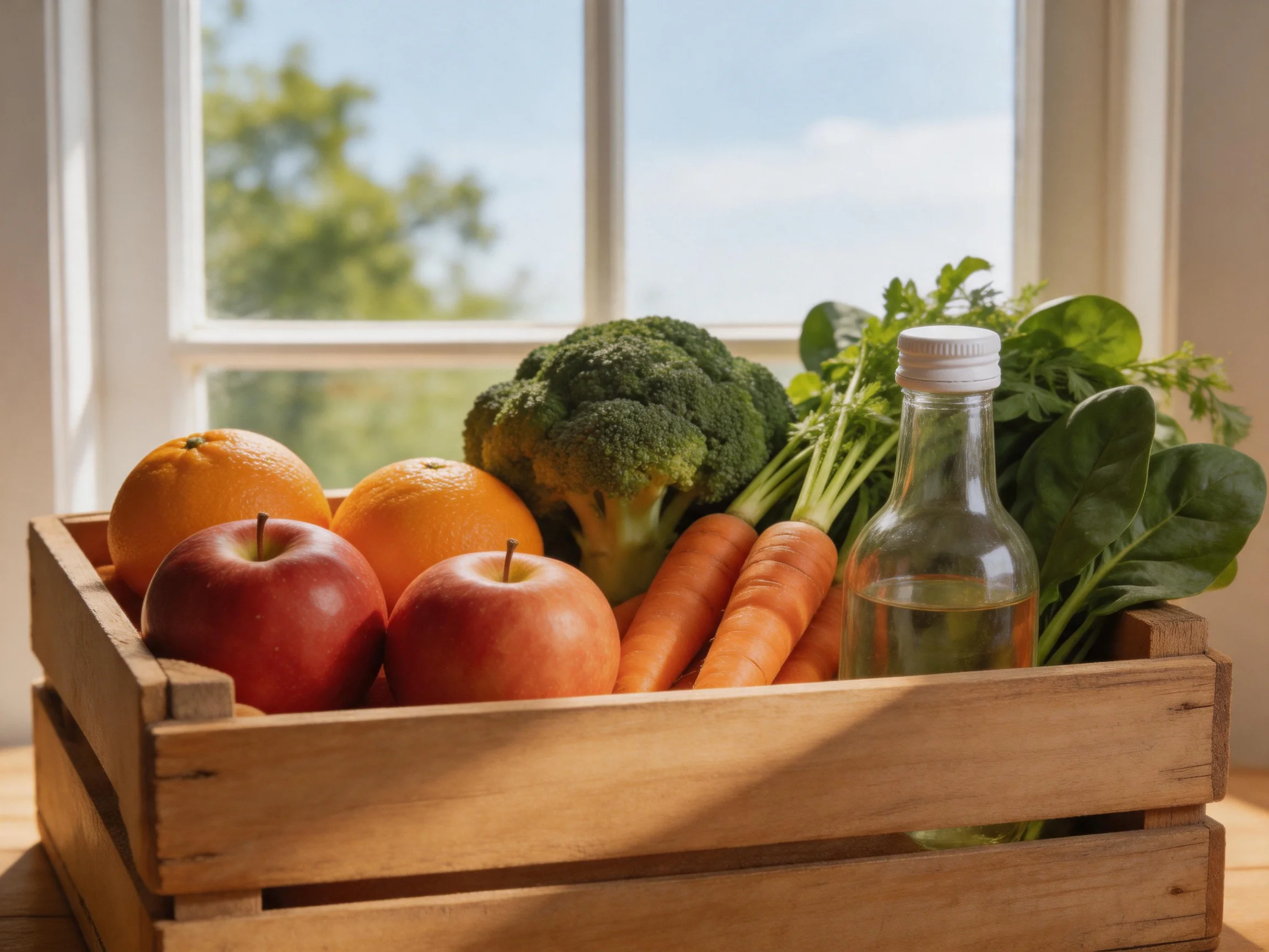 A wooden crate holds apples, oranges, broccoli, carrots, greens, and a bottle near a bright window.