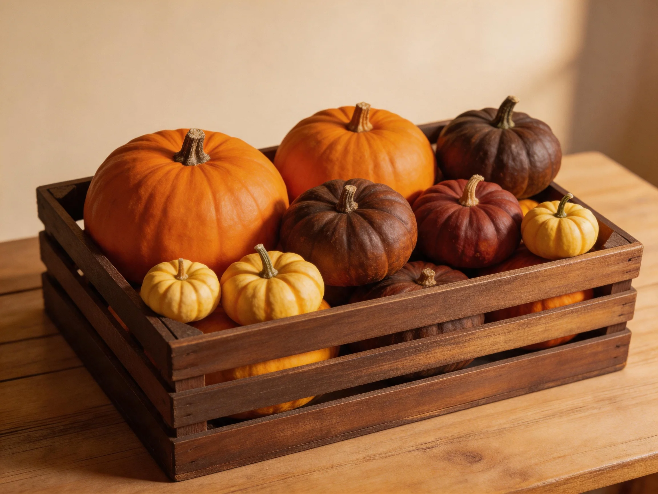 A wooden crate holds assorted pumpkins in autumnal colors