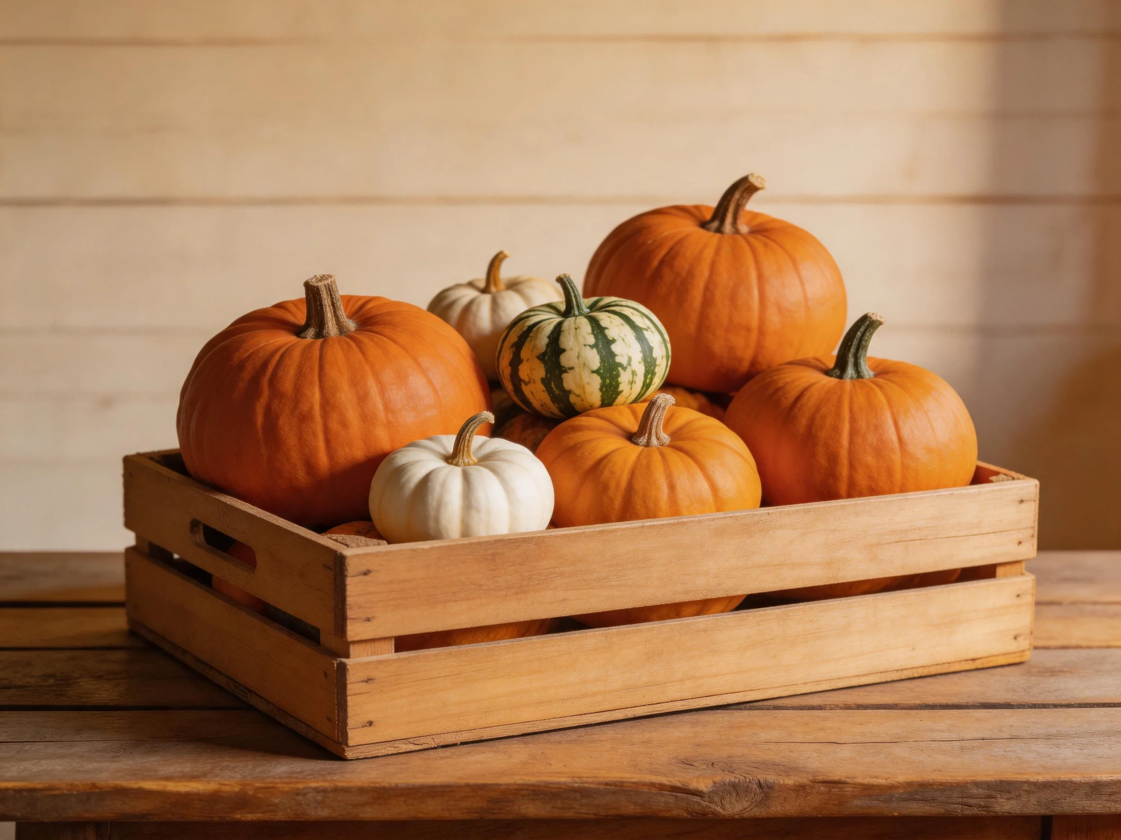 A wooden crate holds assorted-sized pumpkins in orange, white, and striped patterns
