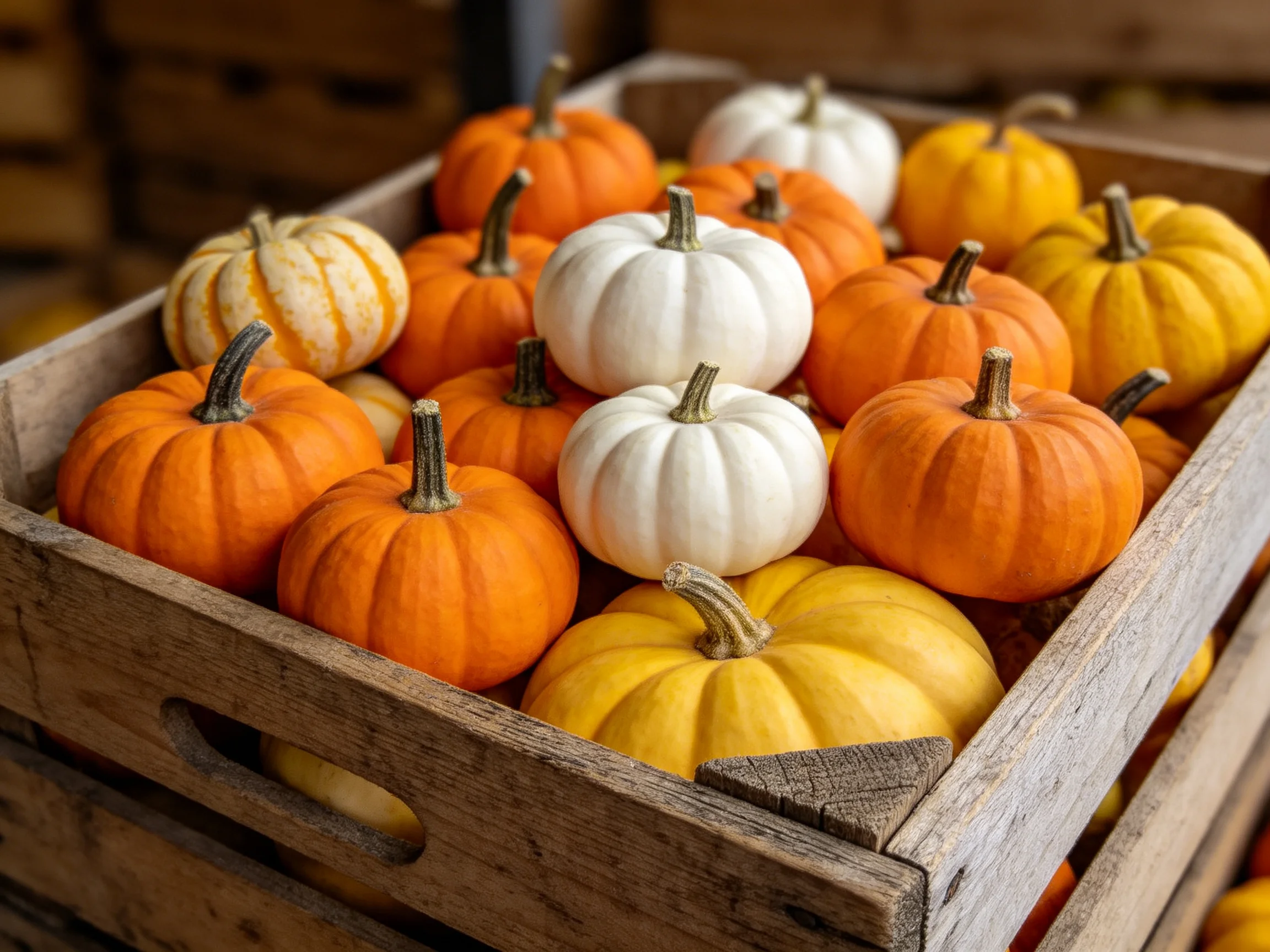 A wooden crate holds assorted small pumpkins in orange, white, and yellow.