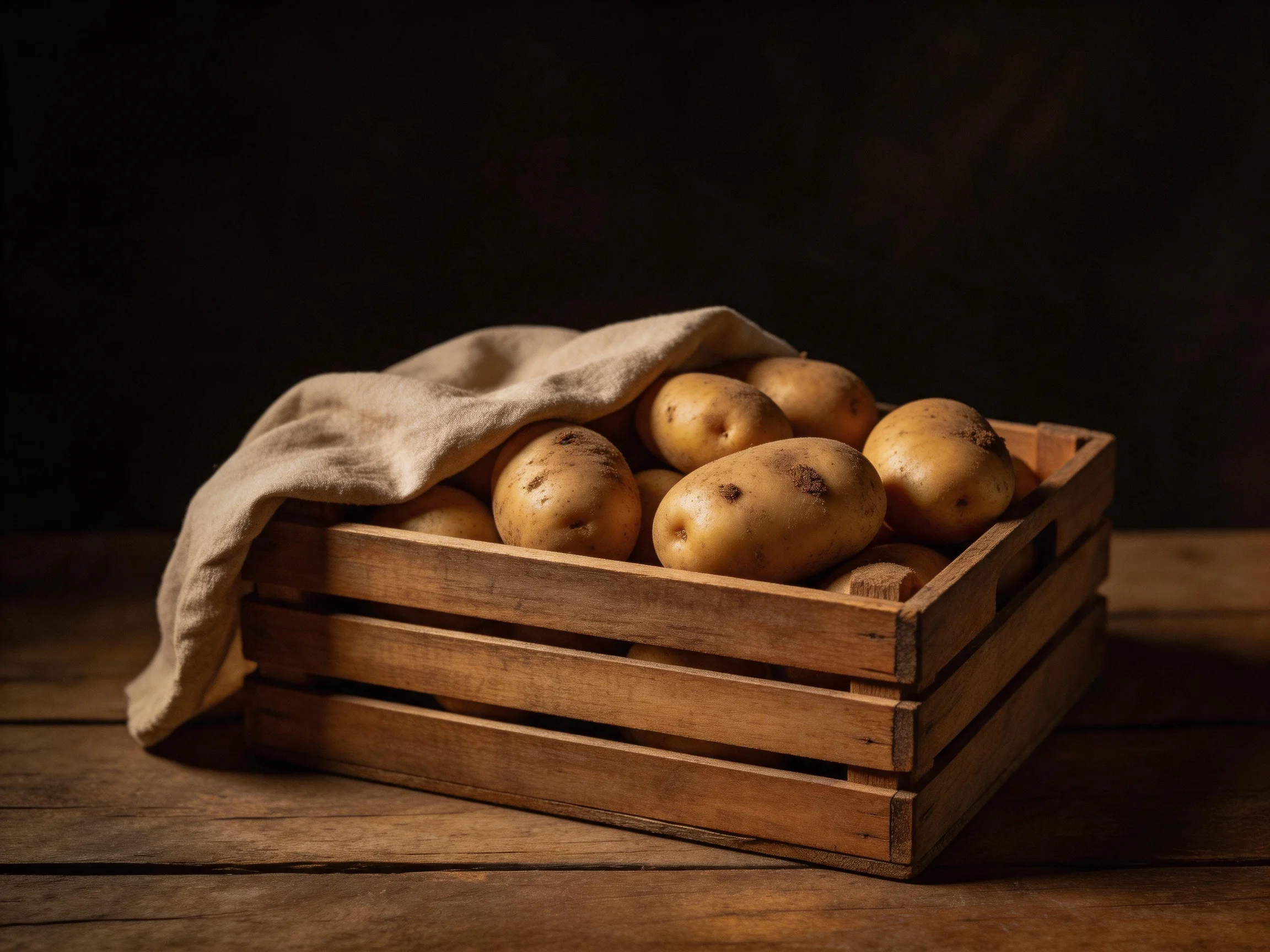 A wooden crate holds brown potatoes with a beige cloth draped partially