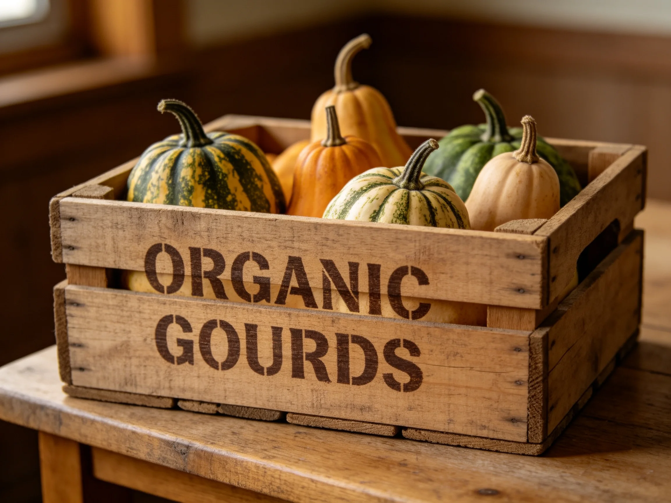 A wooden crate holds colorful organic gourds on a rustic table