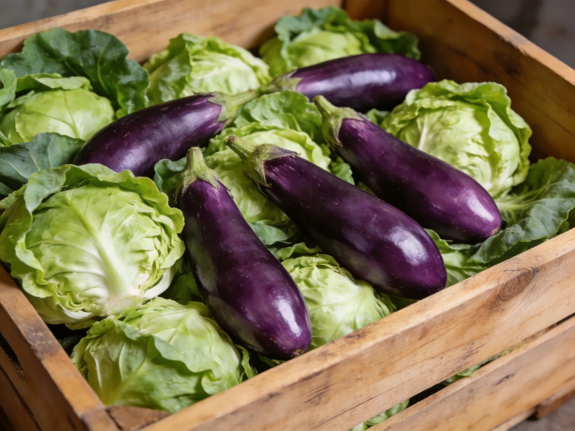 A wooden crate holds five glossy purple eggplants and green cabbages