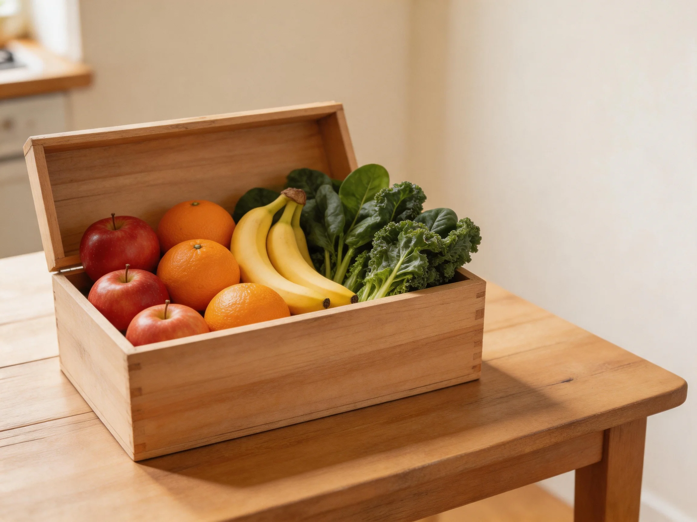 A wooden crate holds four red apples, three oranges, two bananas, and leafy greens