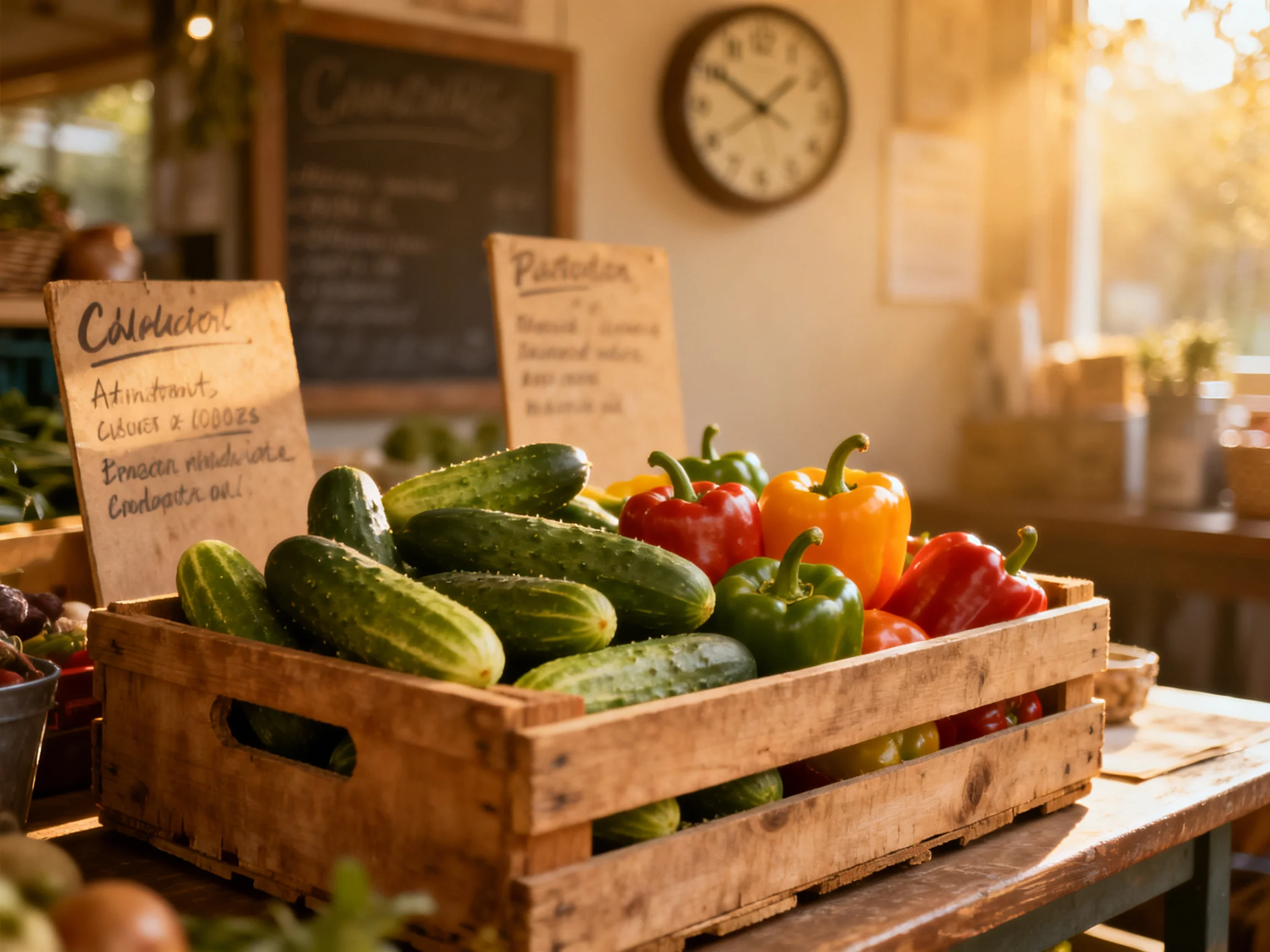 A wooden crate holds fresh cucumbers and vibrant bell peppers under warm sunlight