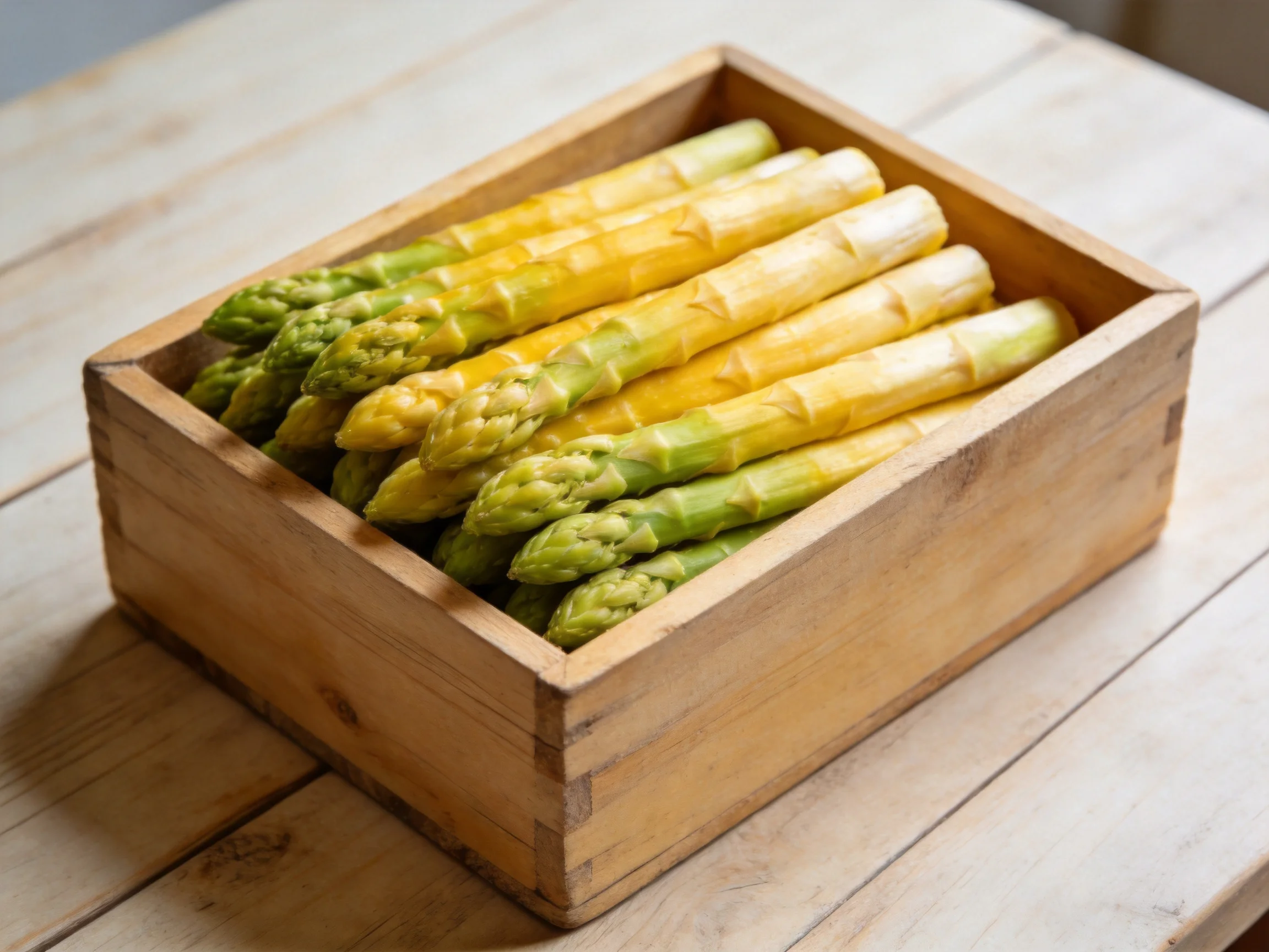 A wooden crate holds fresh green and yellow asparagus spears