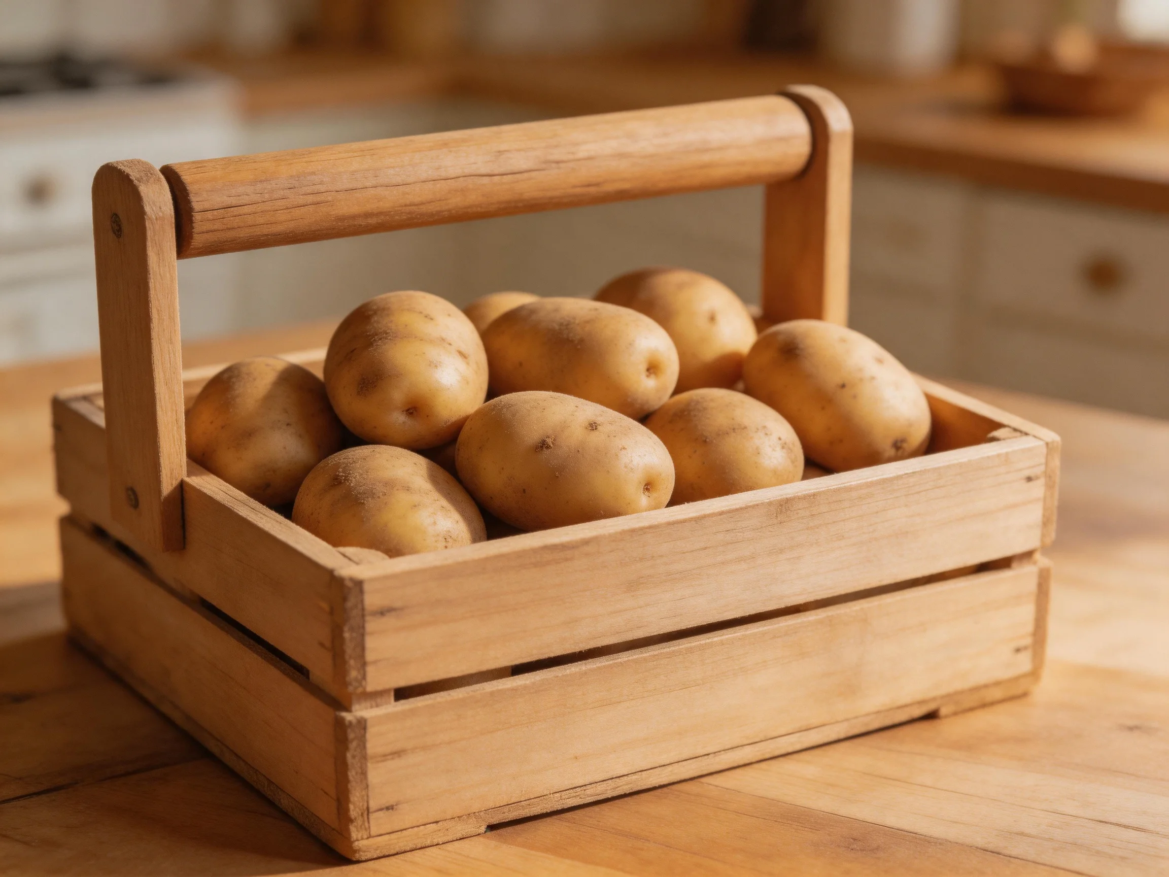 A wooden crate holds light brown potatoes on a wooden surface