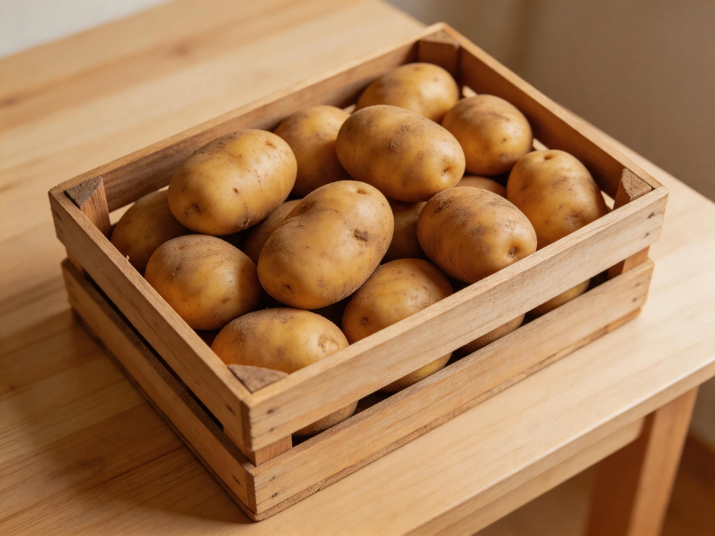 A wooden crate holds many tan potatoes on a wooden table