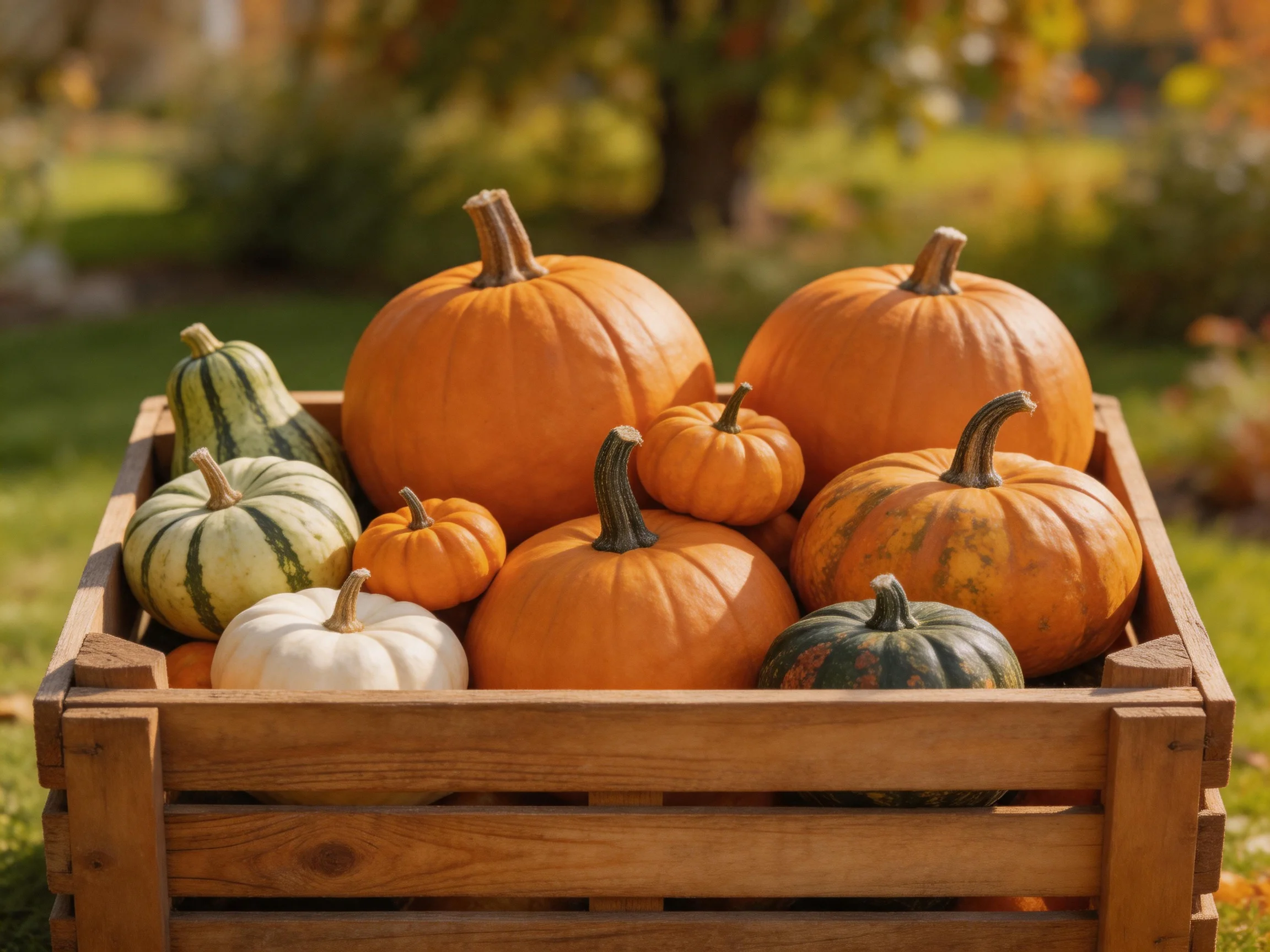 A wooden crate holds multiple pumpkins in autumnal colors