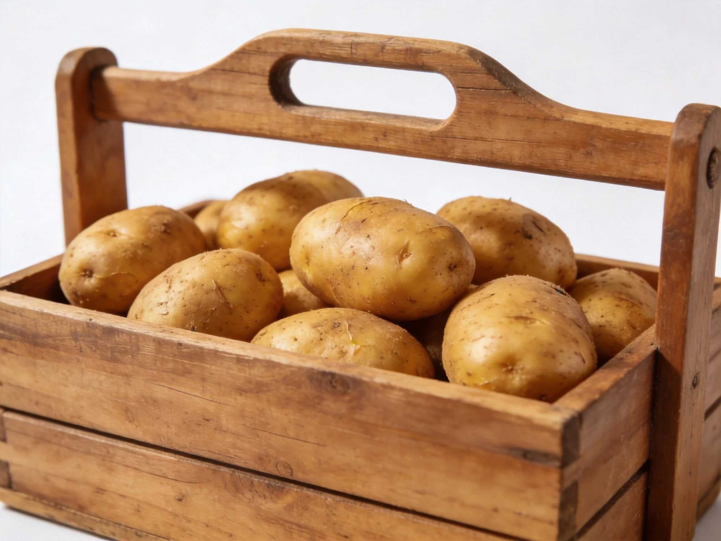 A wooden crate holds numerous golden-brown potatoes