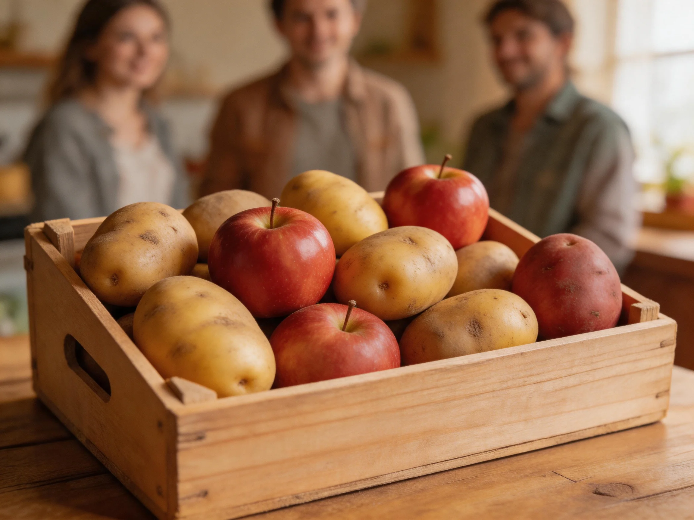 A wooden crate holds red apples and yellow potatoes beside smiling individuals