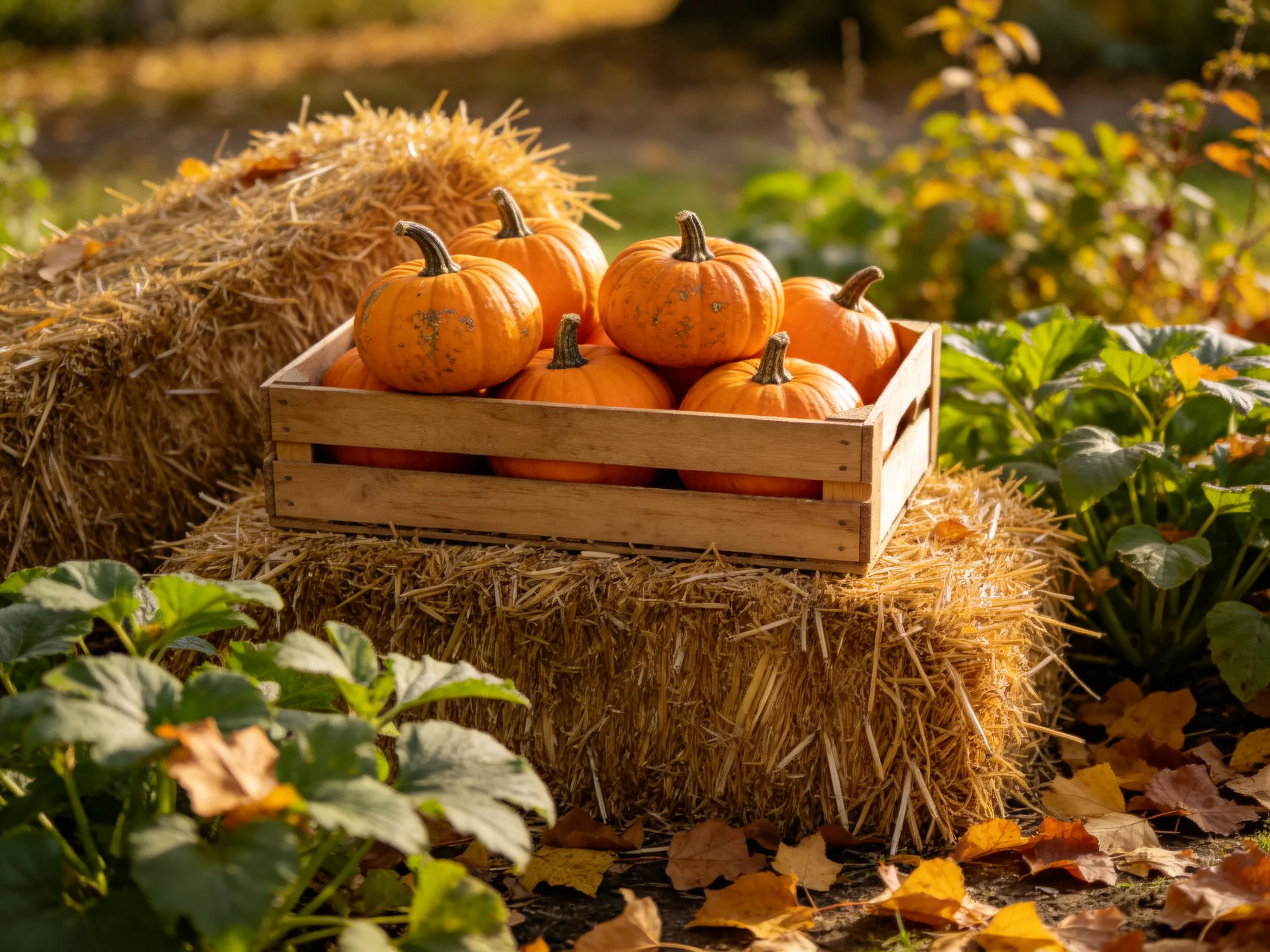 A wooden crate holds small orange pumpkins atop hay bales in an autumn garden