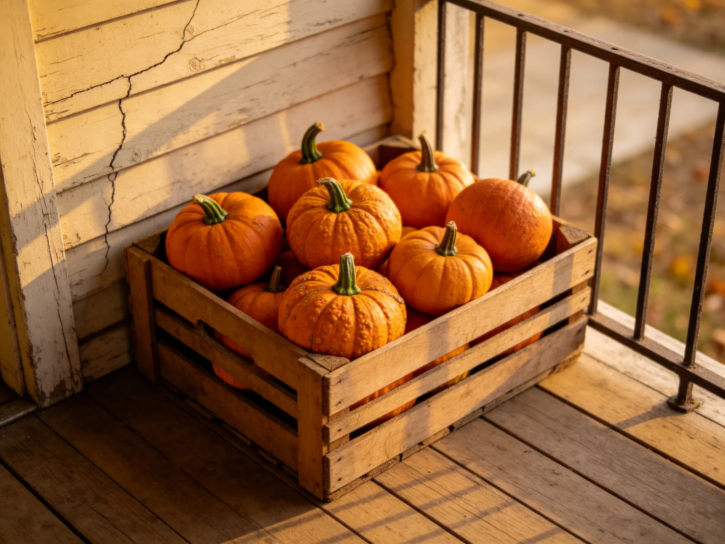 A wooden crate holds small orange pumpkins on a weathered porch