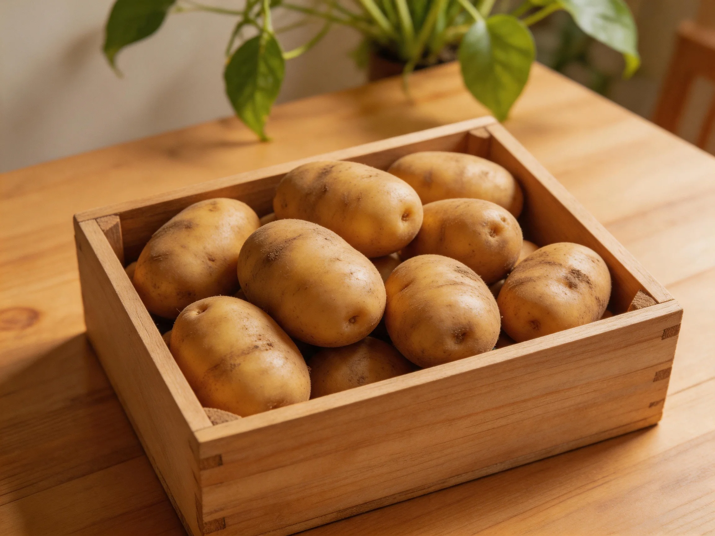 A wooden crate holds ten golden potatoes on a wooden table