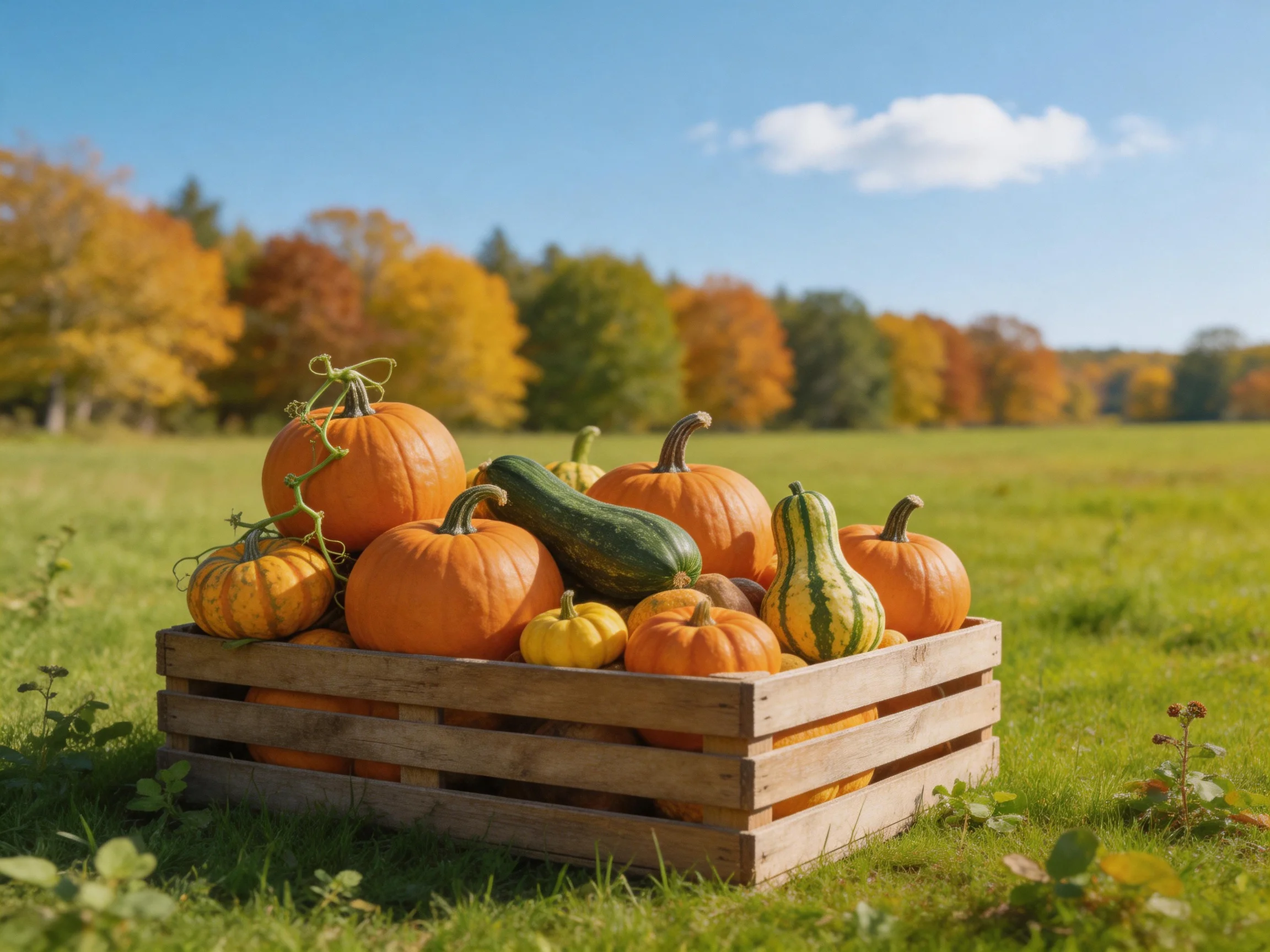 A wooden crate overflowed with colorful pumpkins and gourds in an autumn field