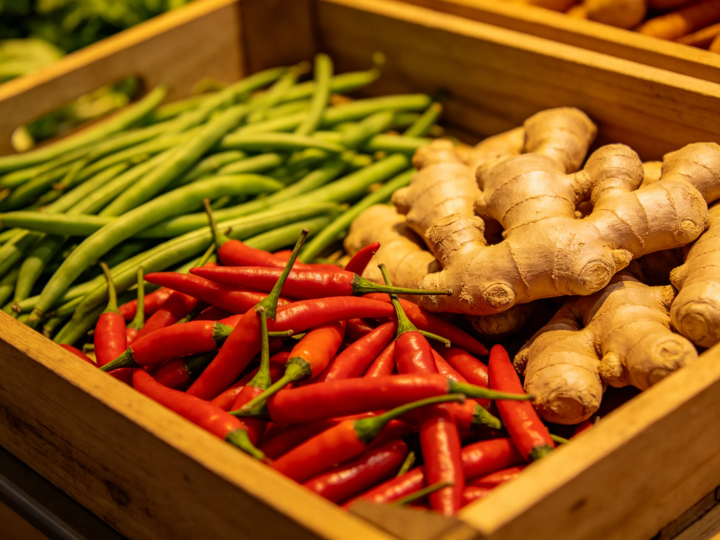 A wooden crate showcases fresh green beans, bright red chilies, and golden ginger roots.