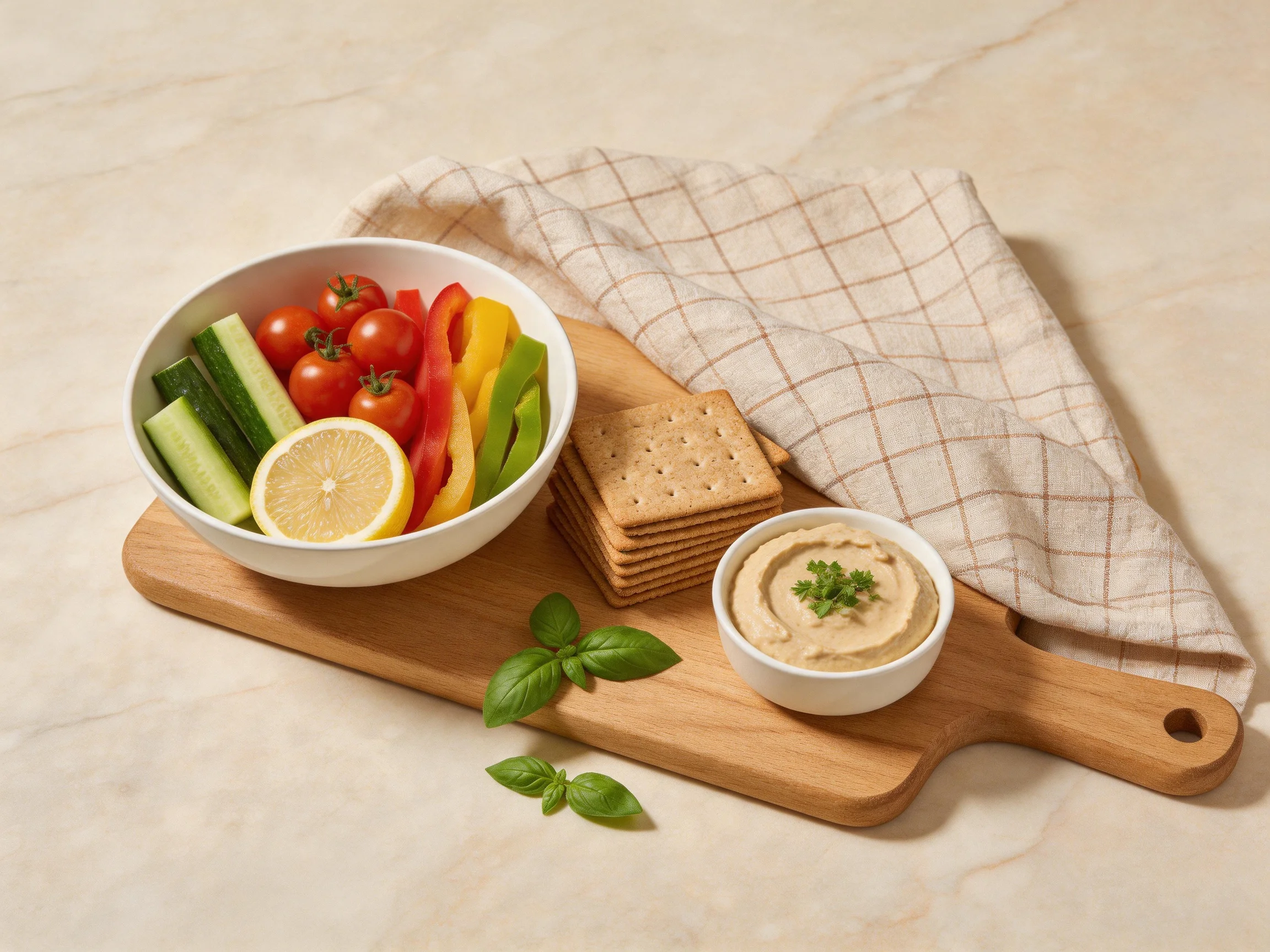 A wooden cutting board displays fresh vegetables, crackers, and hummus with basil accents
