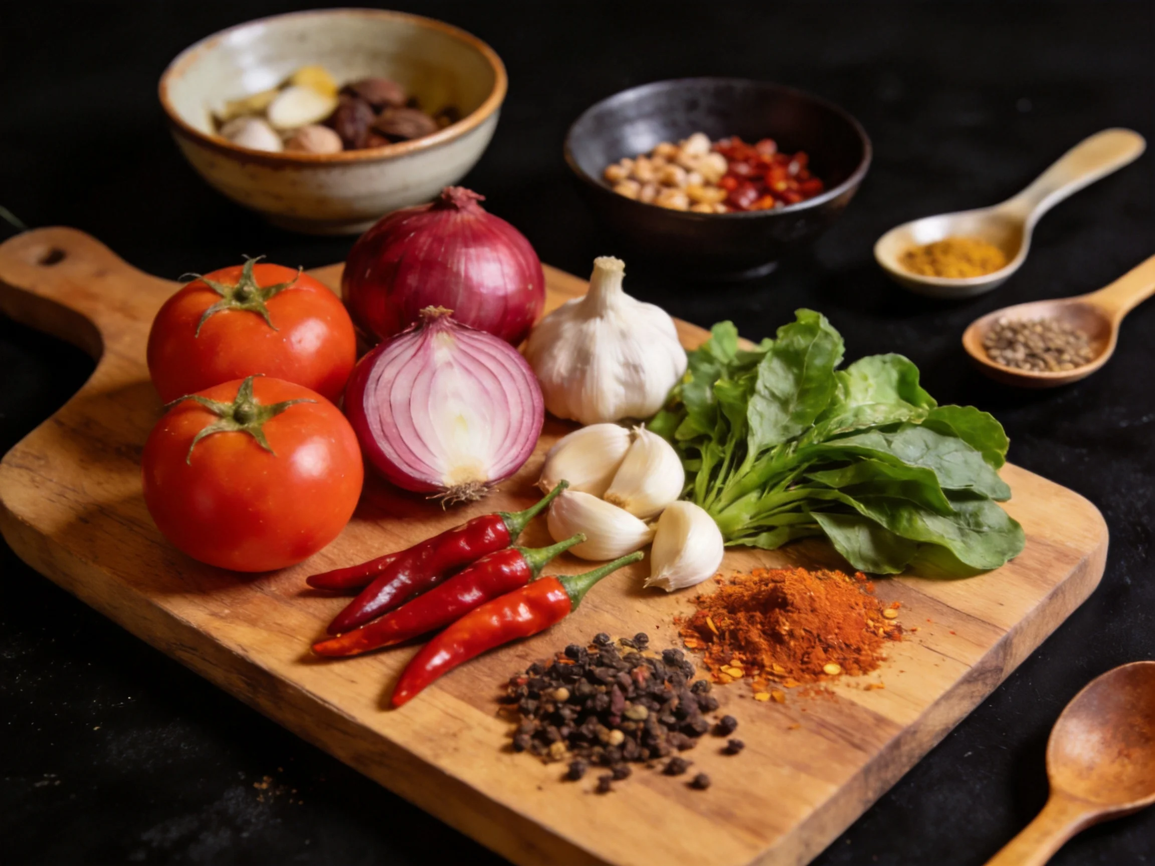 A wooden cutting board displays two tomatoes, red onions, garlic, chilies, and colorful spices