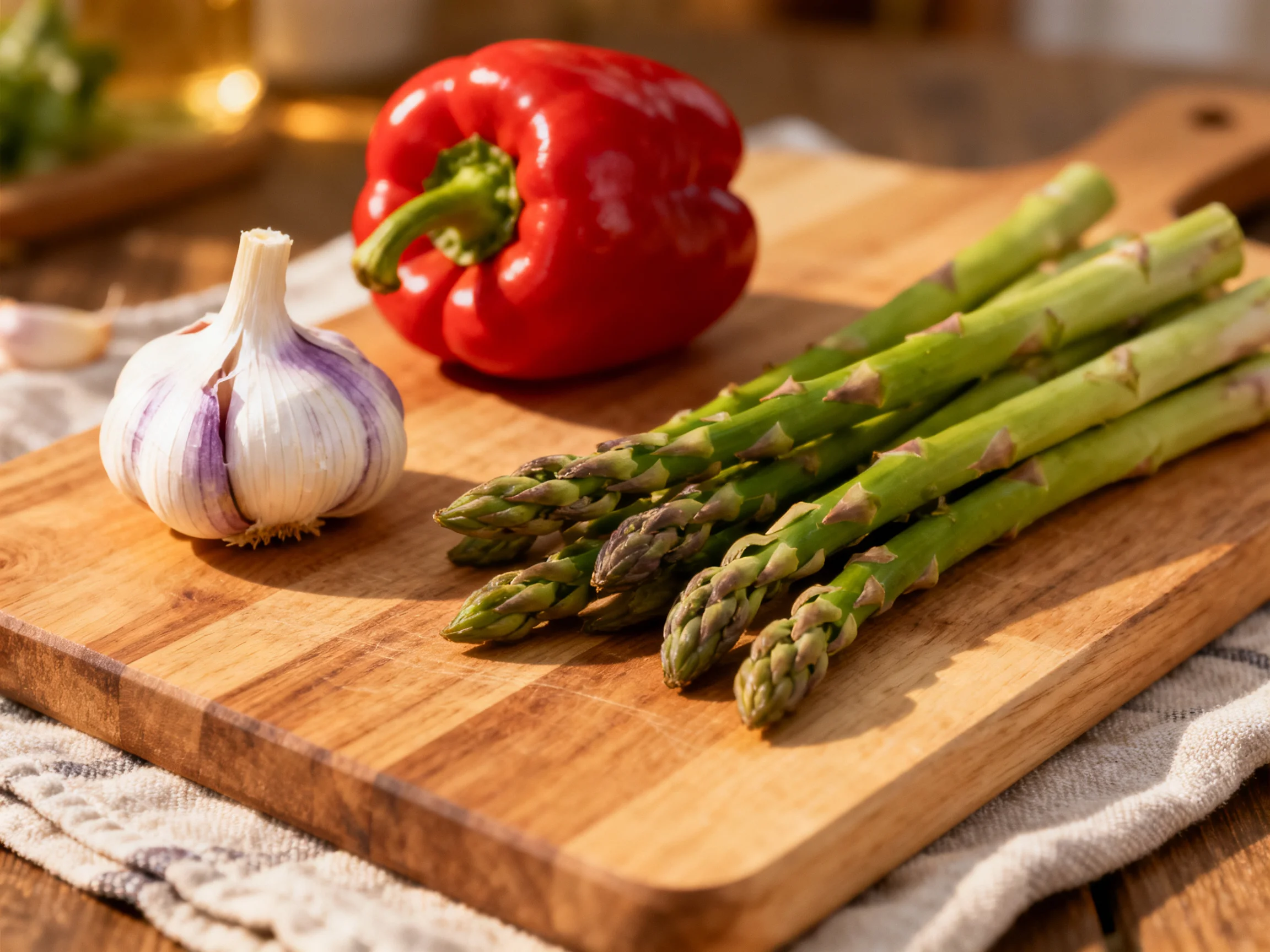 A wooden cutting board holds a garlic bulb, red bell pepper, and asparagus spears.
