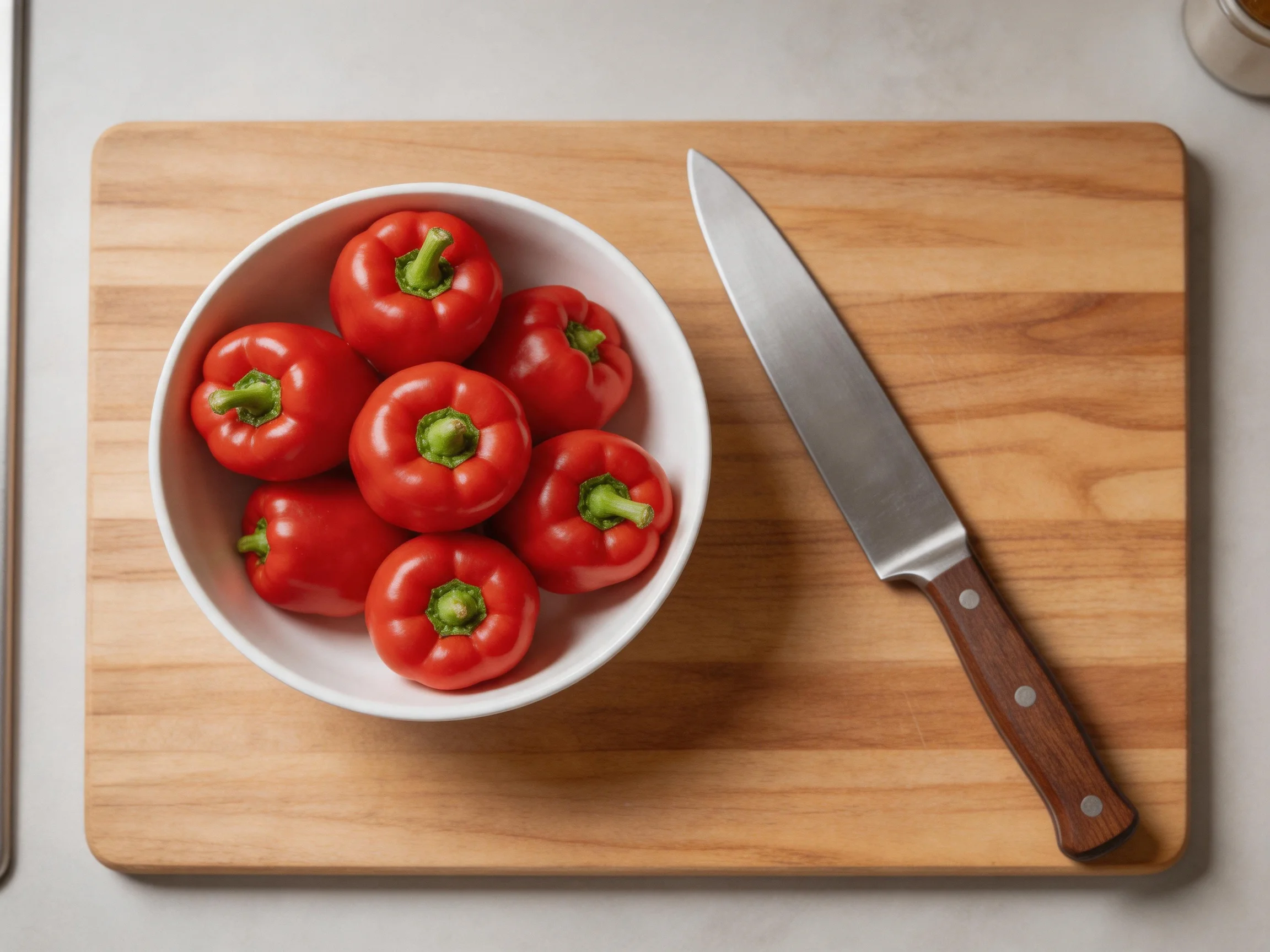 A wooden cutting board holds a white bowl of six red bell peppers and a chef’s knife