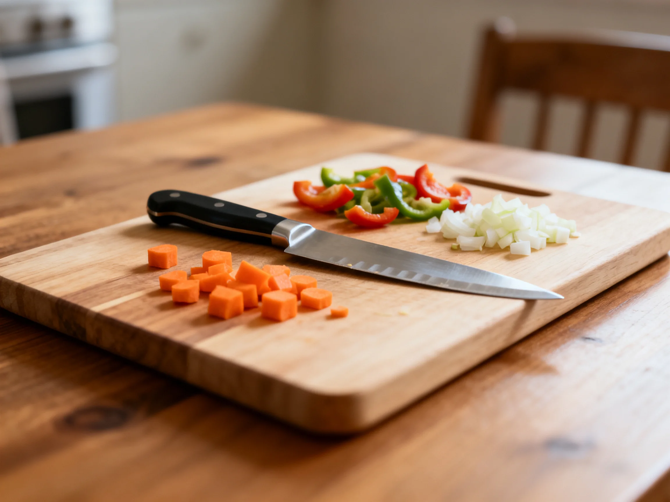 A wooden cutting board holds diced carrots, sliced peppers, and minced onions with a chef’s knife