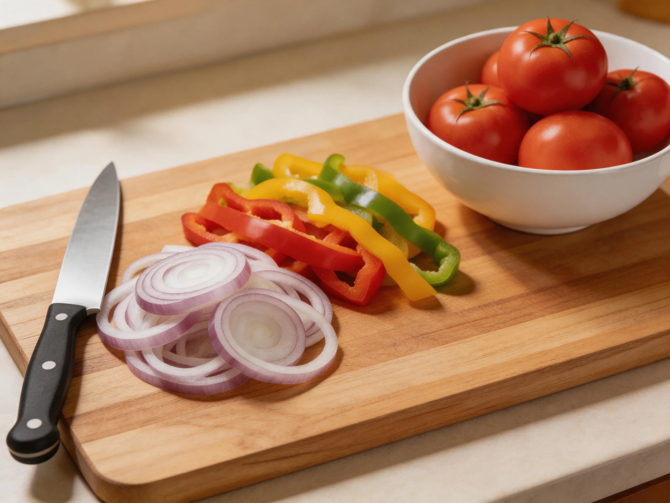 A wooden cutting board holds sliced onions, bell peppers, a knife, and a bowl of tomatoes