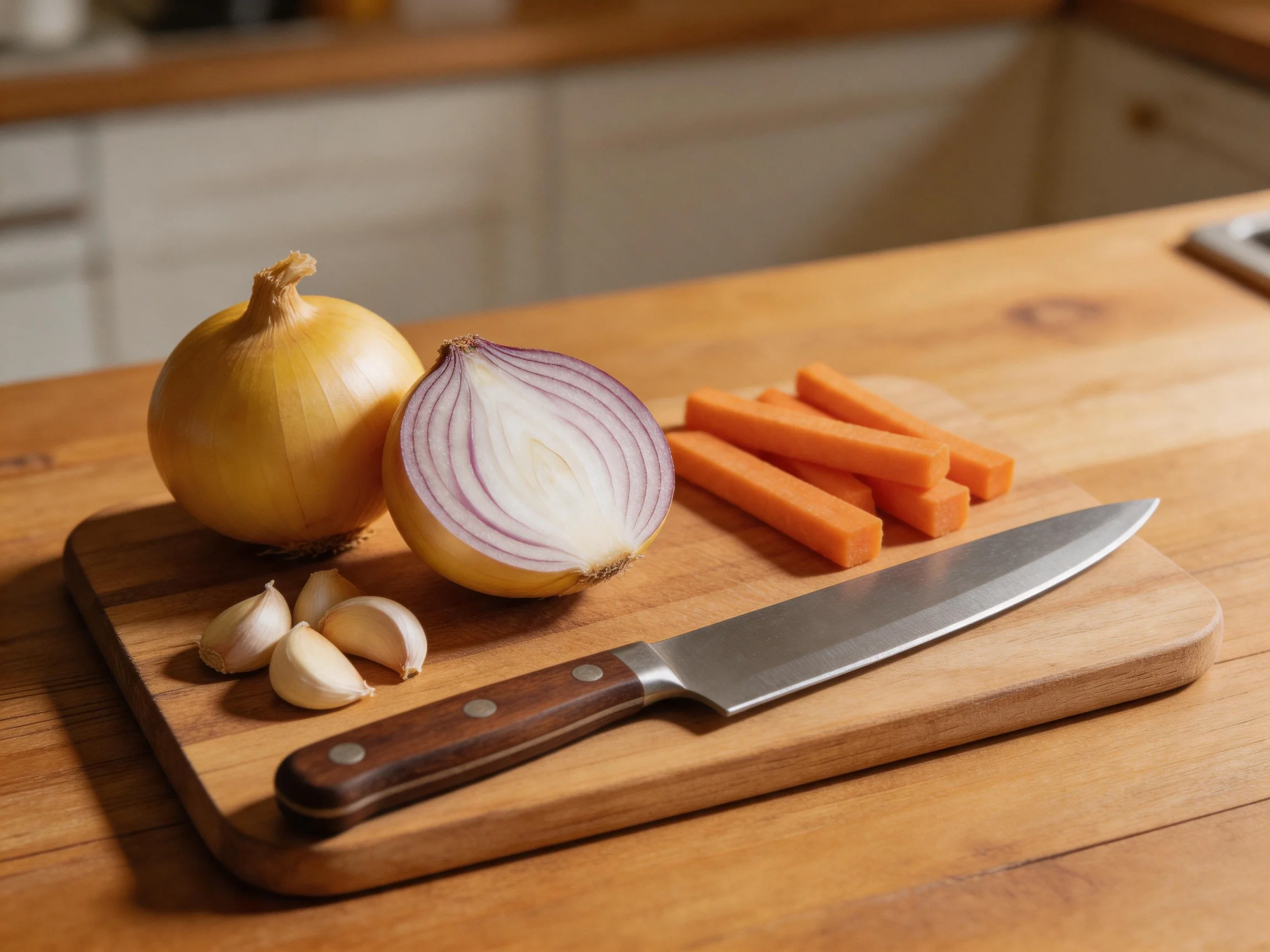 A wooden cutting board holds whole and halved onions, garlic cloves, carrot sticks, and a chef’s kn