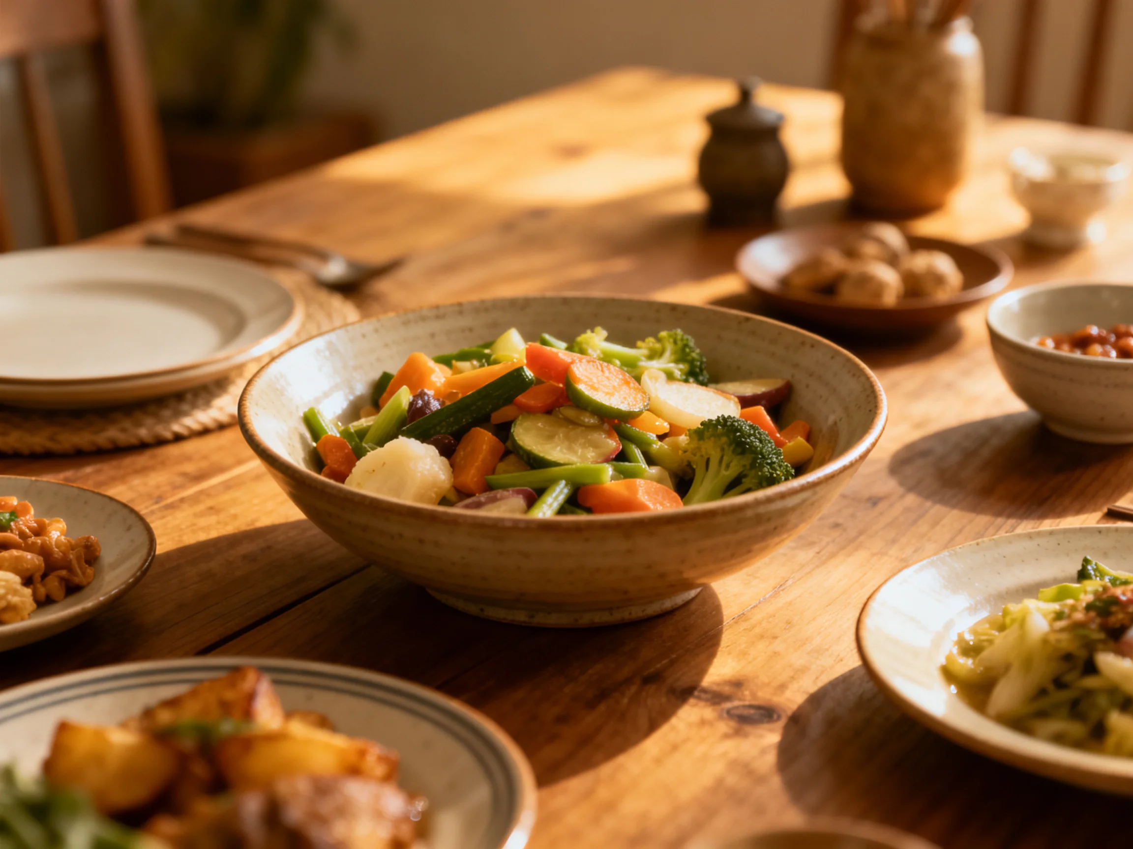 A wooden dining table has assorted vegetable dishes and side plates