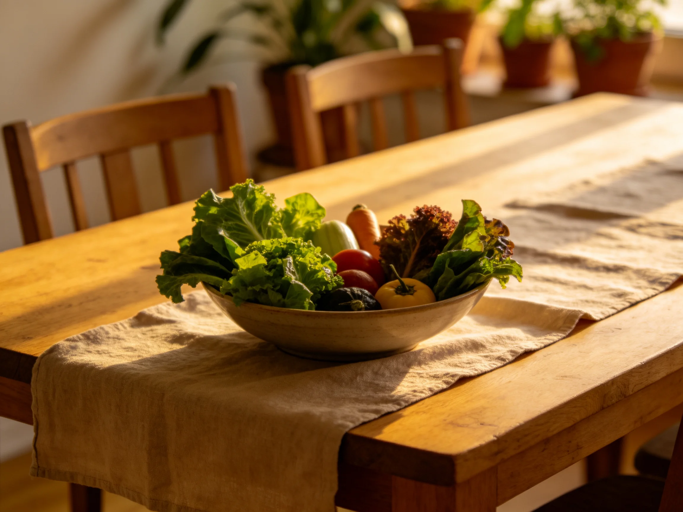 A wooden dining table holds a bowl of mixed leafy greens and vegetables under warm sunlight.