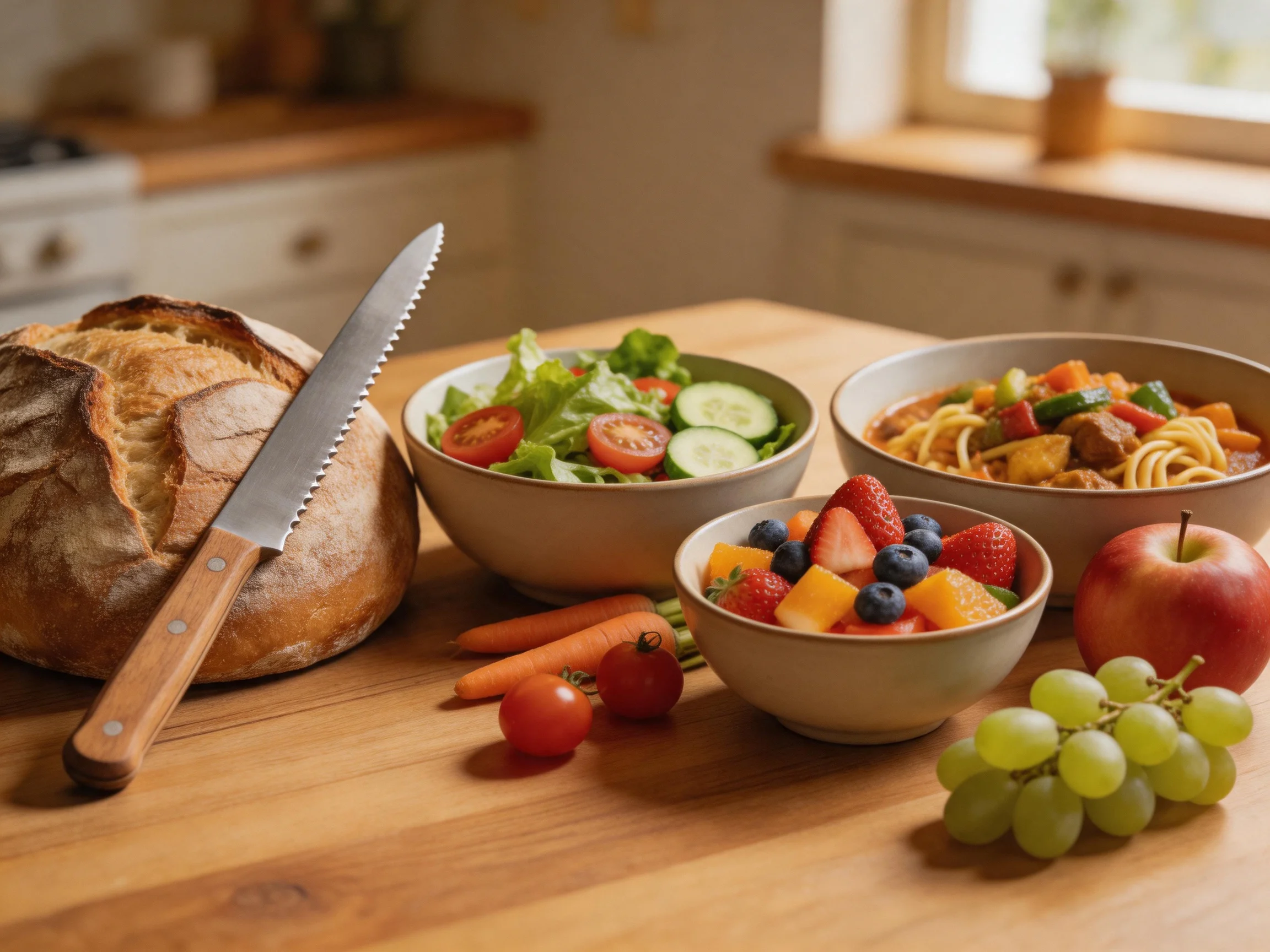 A wooden kitchen counter displays bread, salad, pasta, fruit, and fresh produce