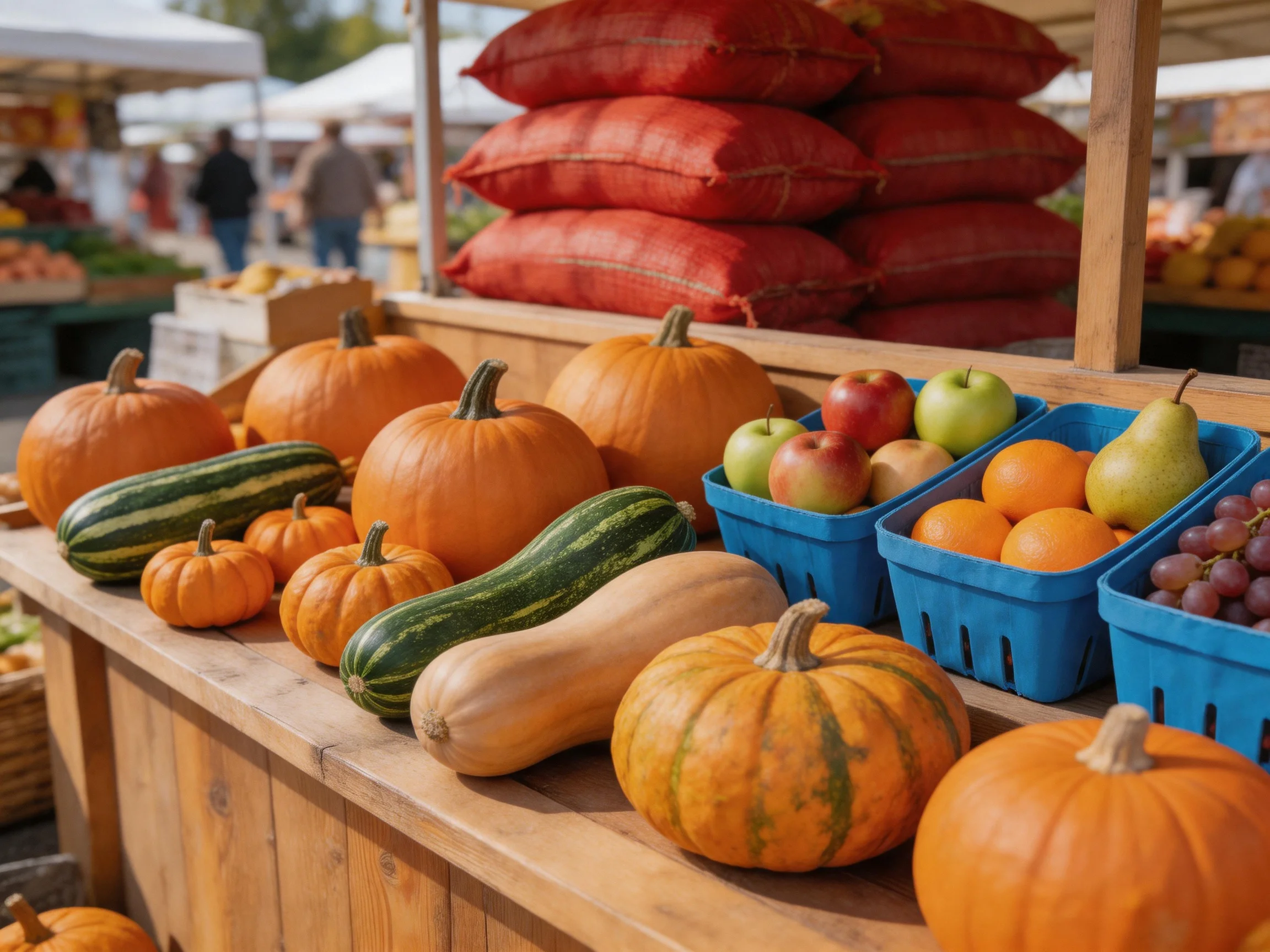 A wooden market stall displays pumpkins, squash, apples, oranges, and grapes