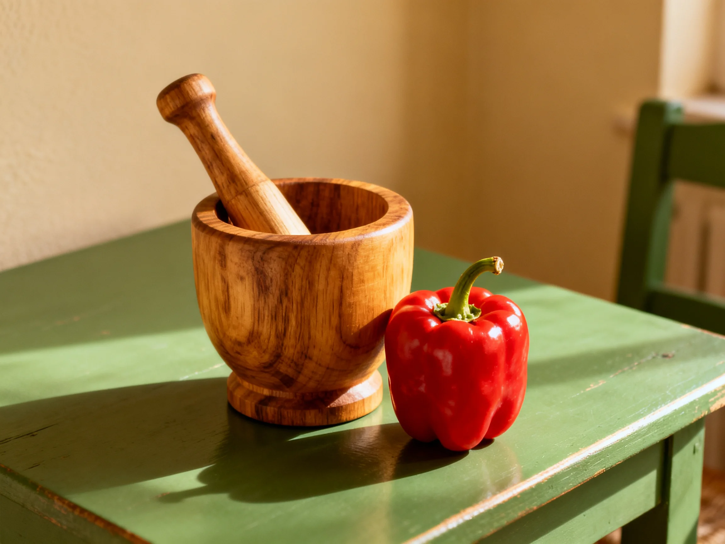 A wooden mortar and vibrant red pepper sit on a green table