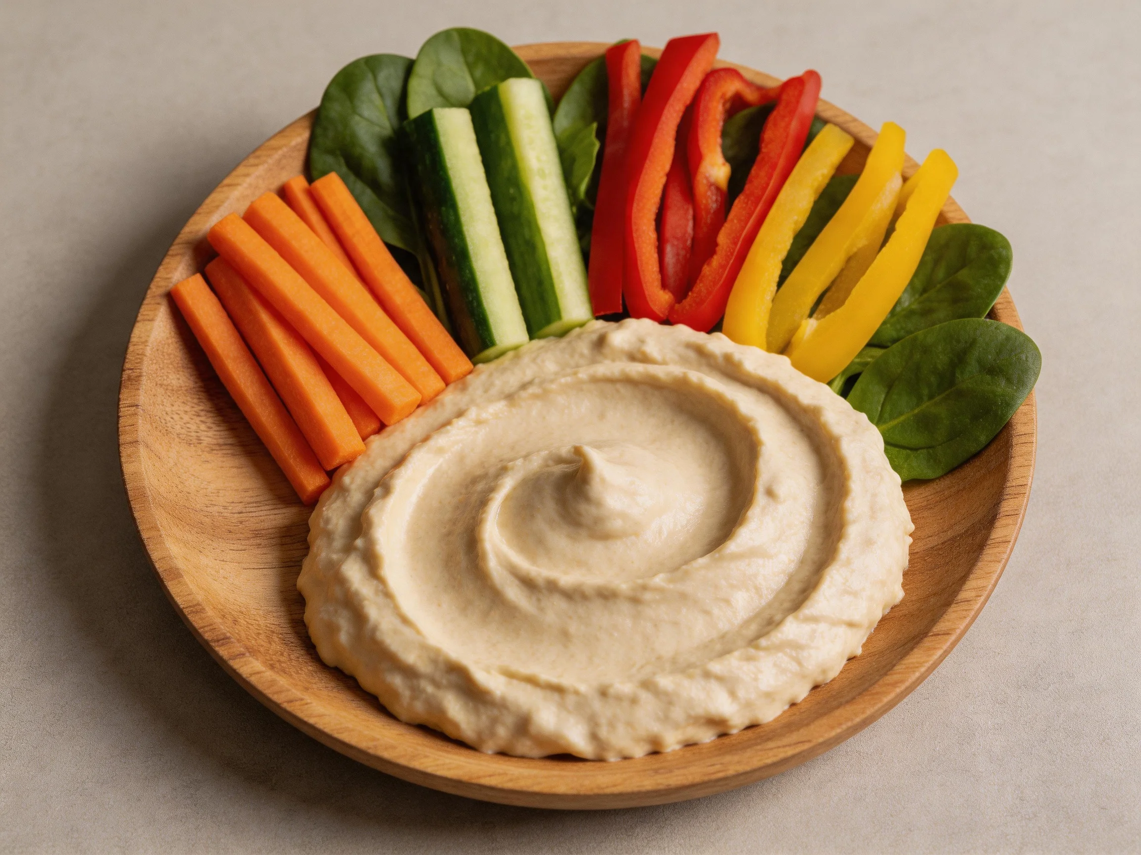 A wooden plate presents hummus with carrot, cucumber, red, and yellow bell pepper sticks