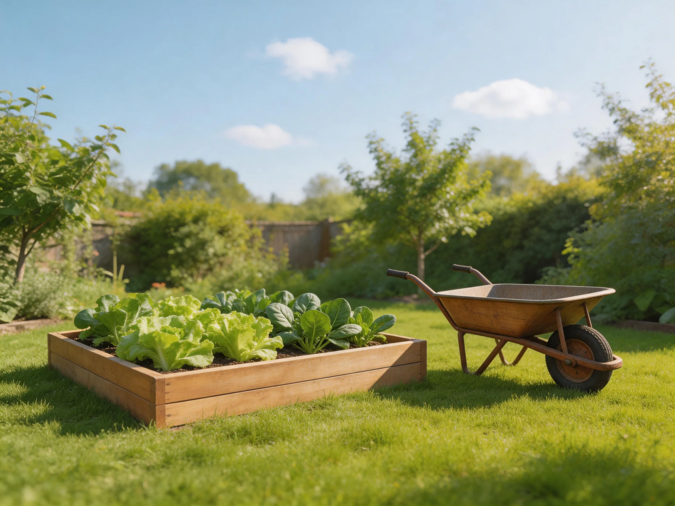 A wooden raised vegetable garden with a metal wheelbarrow on lush green grass