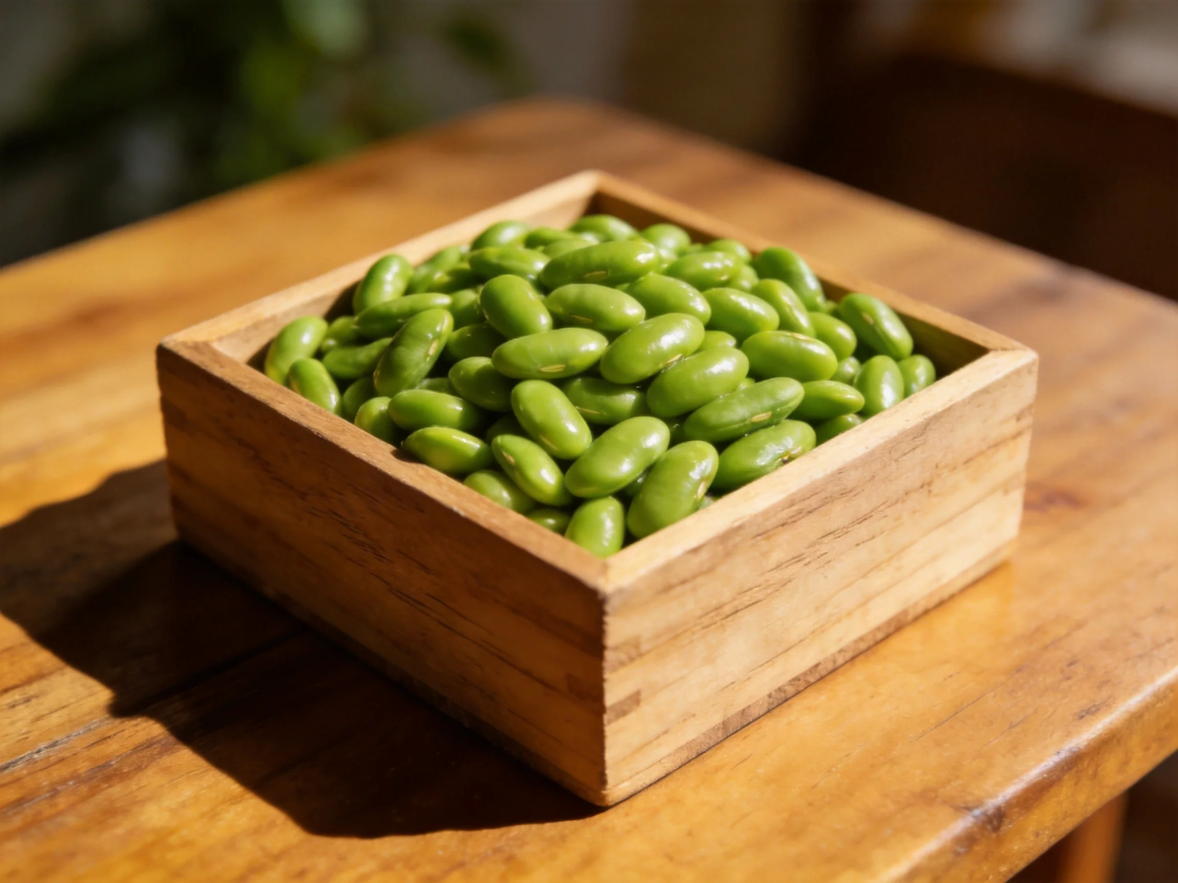 A wooden square container filled with fresh green edamame rests on a polished wooden table.