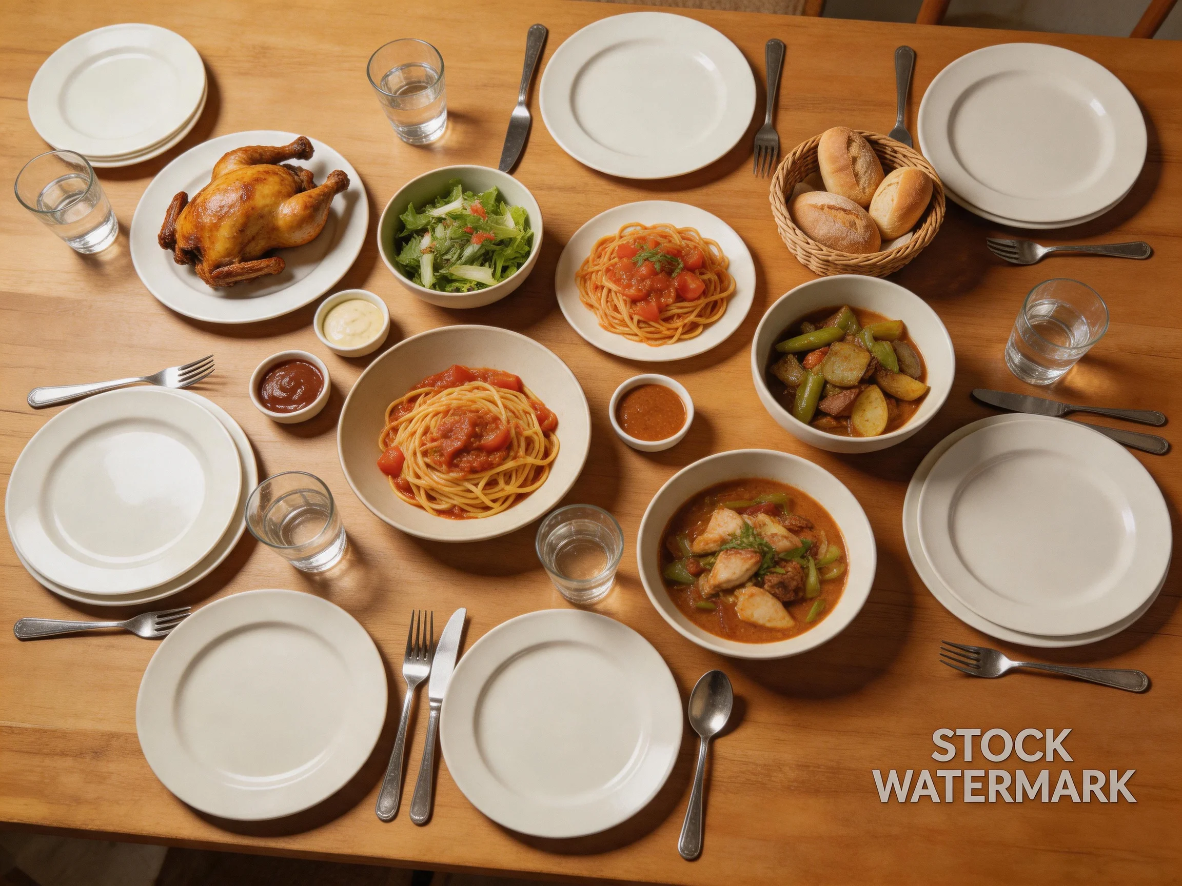 A wooden table displays roasted chicken, pasta dishes, salad, bread rolls, and stacked plates.