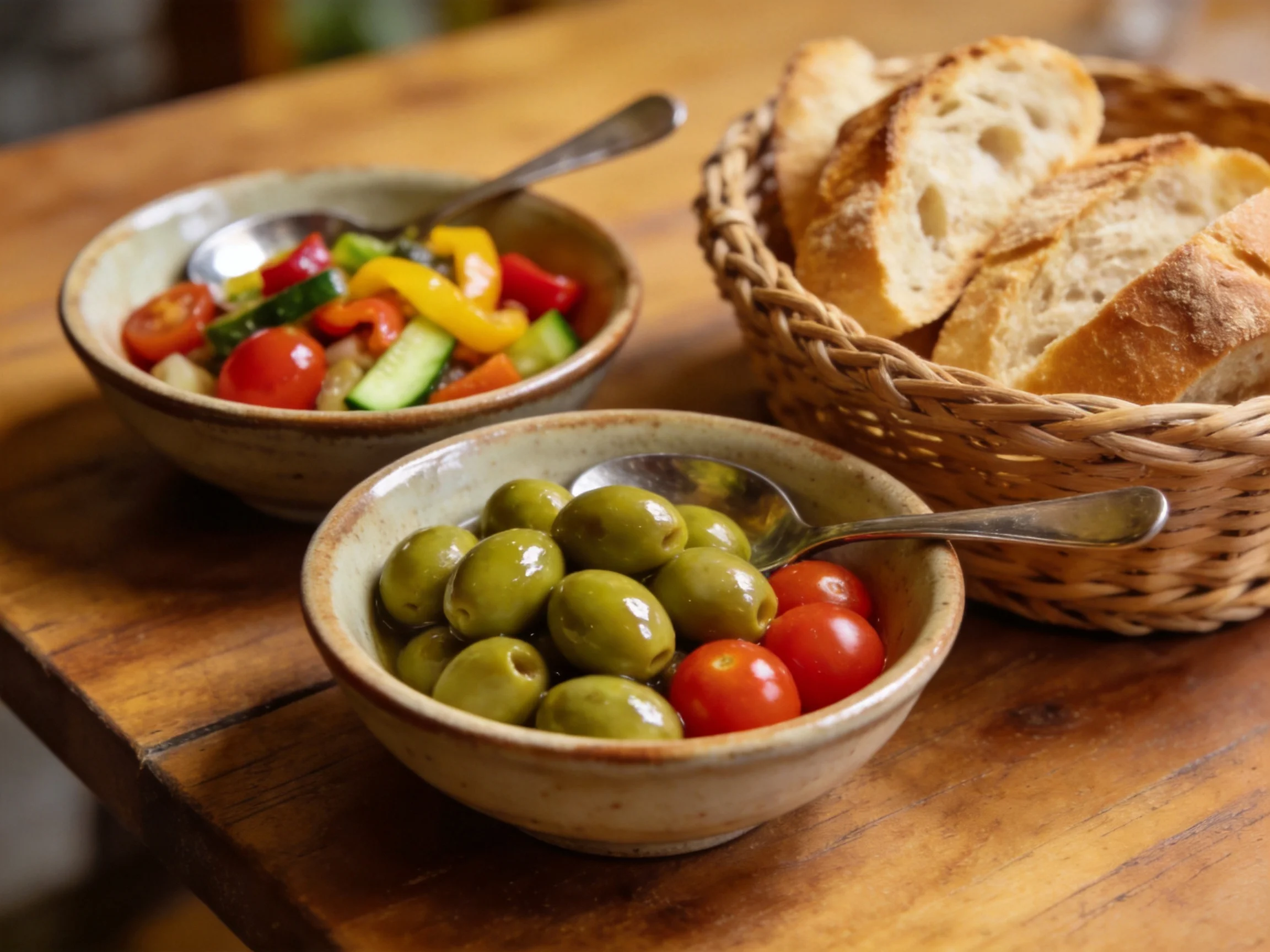 A wooden table holds a bread basket, two bowls of mixed vegetables, and a bowl of olives.