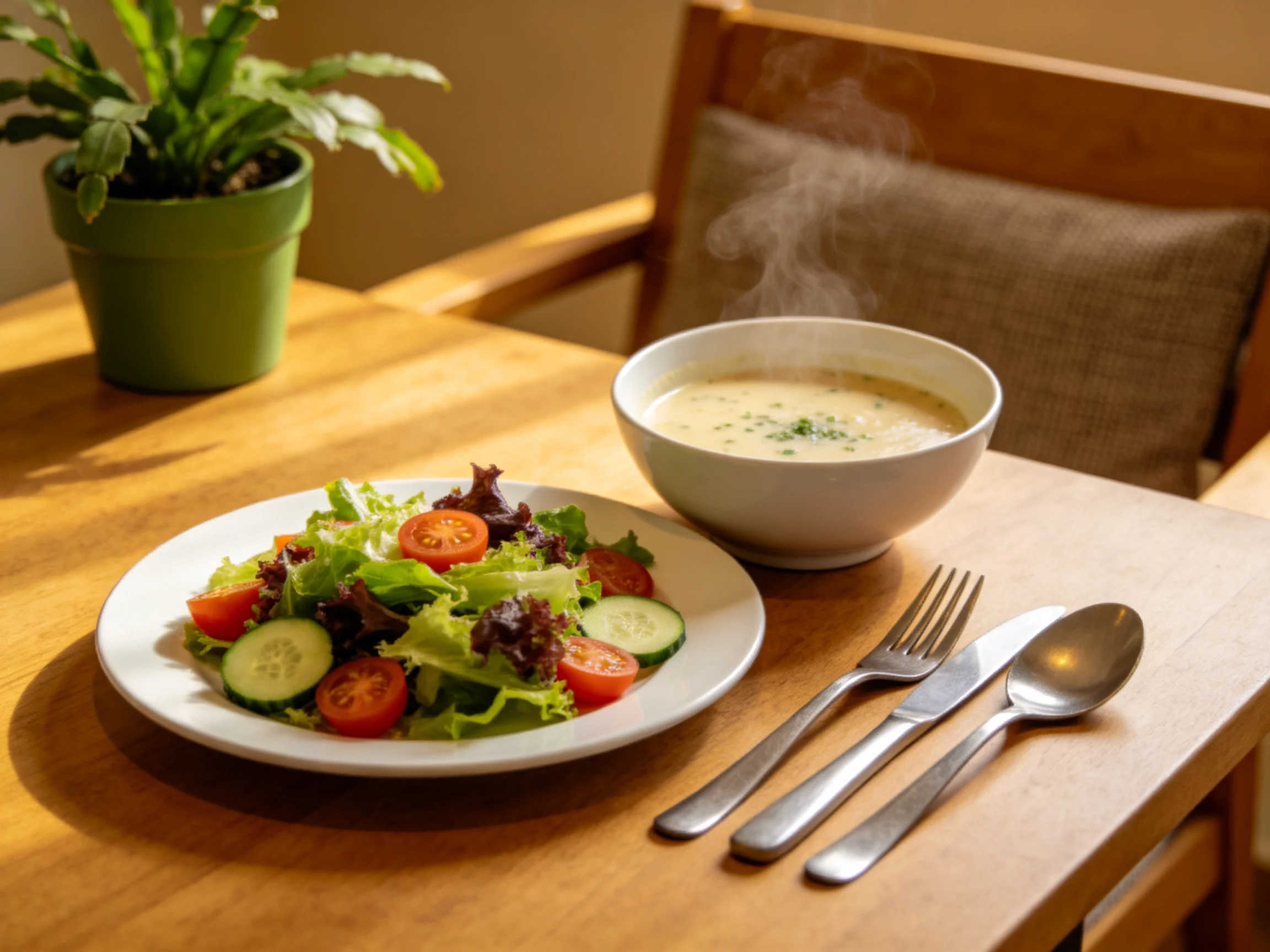 A wooden table holds a fresh salad, steaming soup, and silverware near a potted plant
