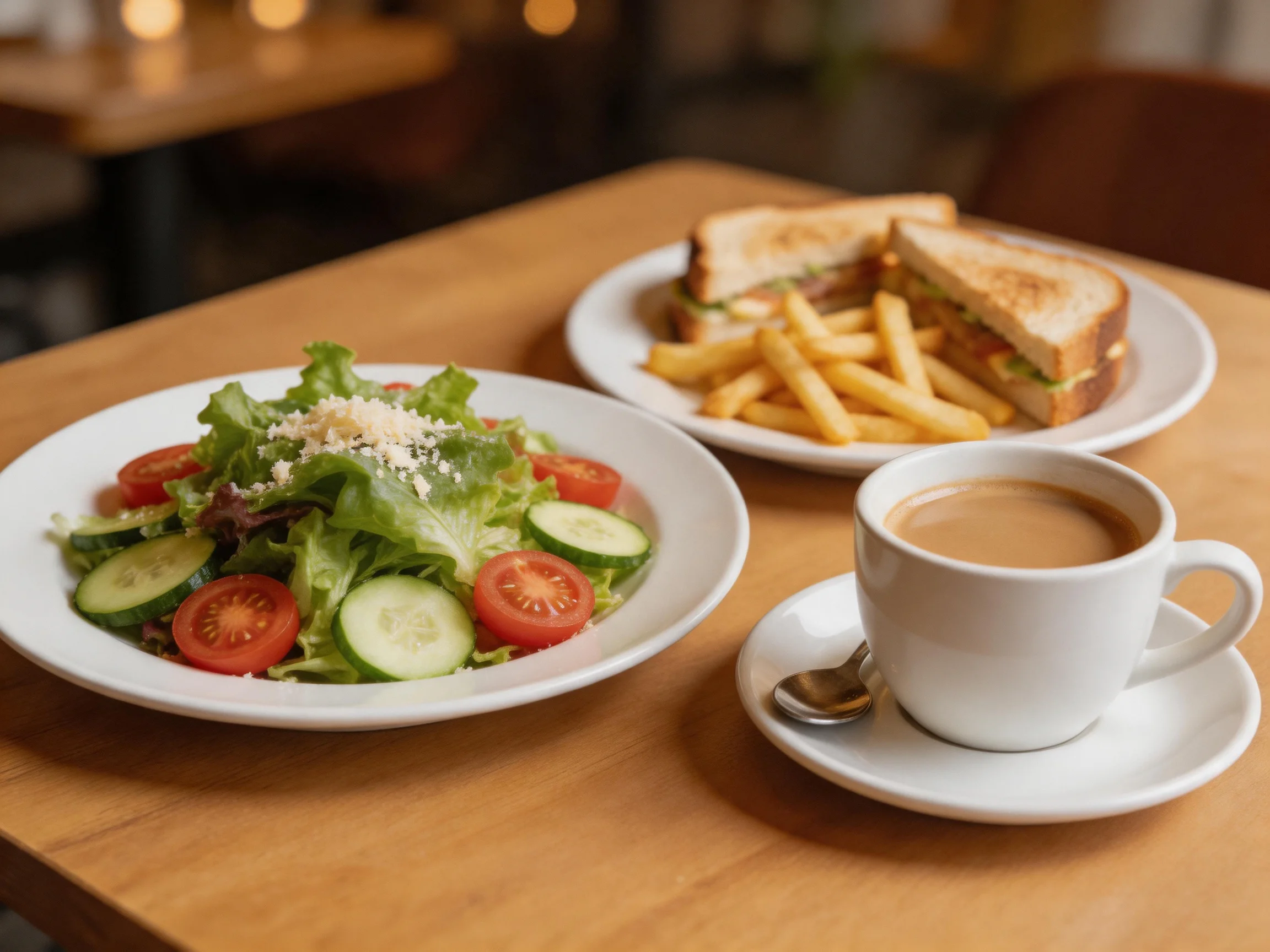 A wooden table holds a fresh salad, toasted sandwiches, golden fries, and a cup of coffee