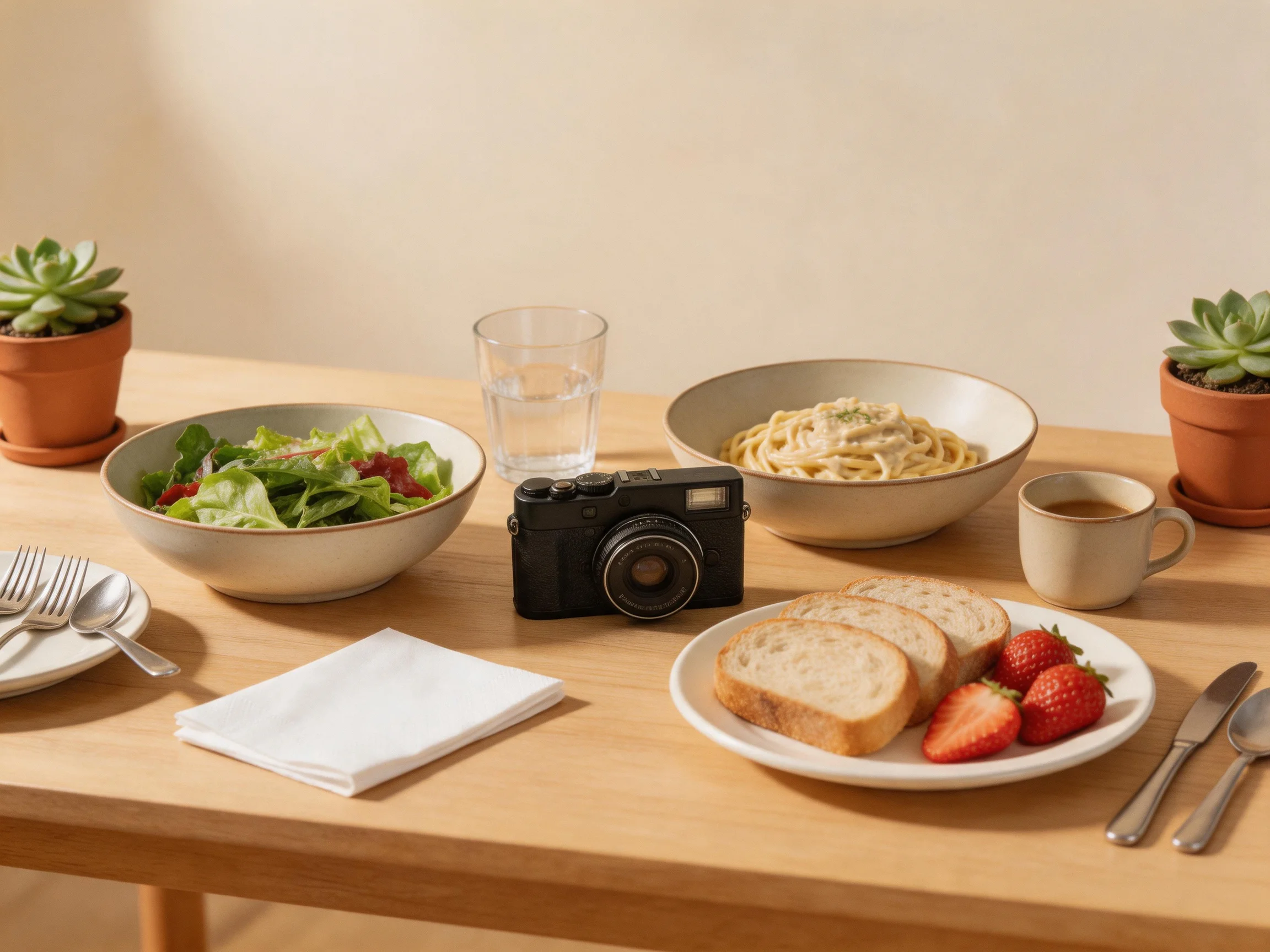 A wooden table holds a meal with salad, pasta, bread, strawberries, a camera, and potted succulents