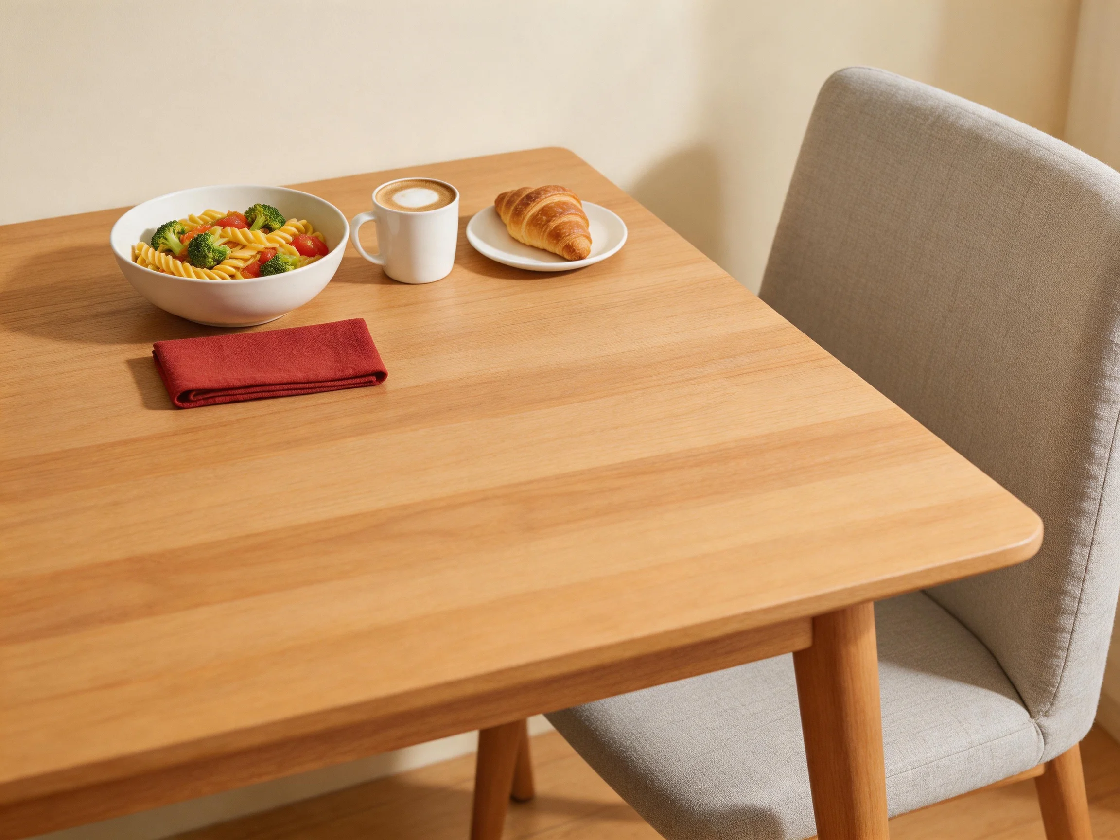 A wooden table holds a pasta dish, coffee, croissant, and red napkin near a gray chair