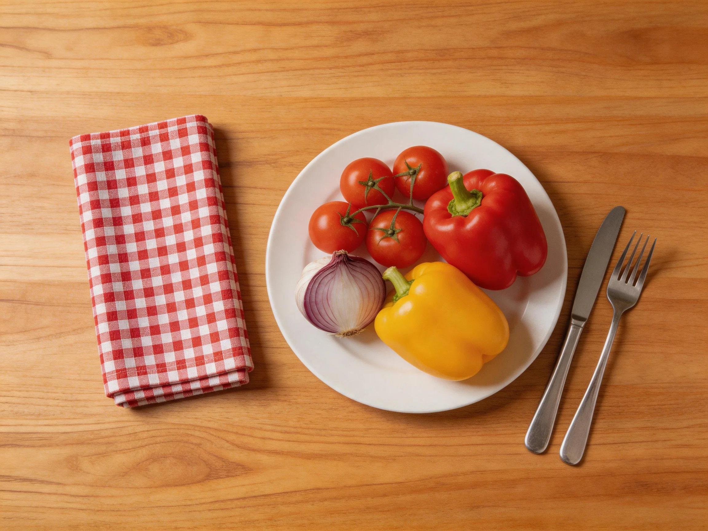 A wooden table holds a plate of assorted fresh vegetables, silverware, and a red-and-white checkered 