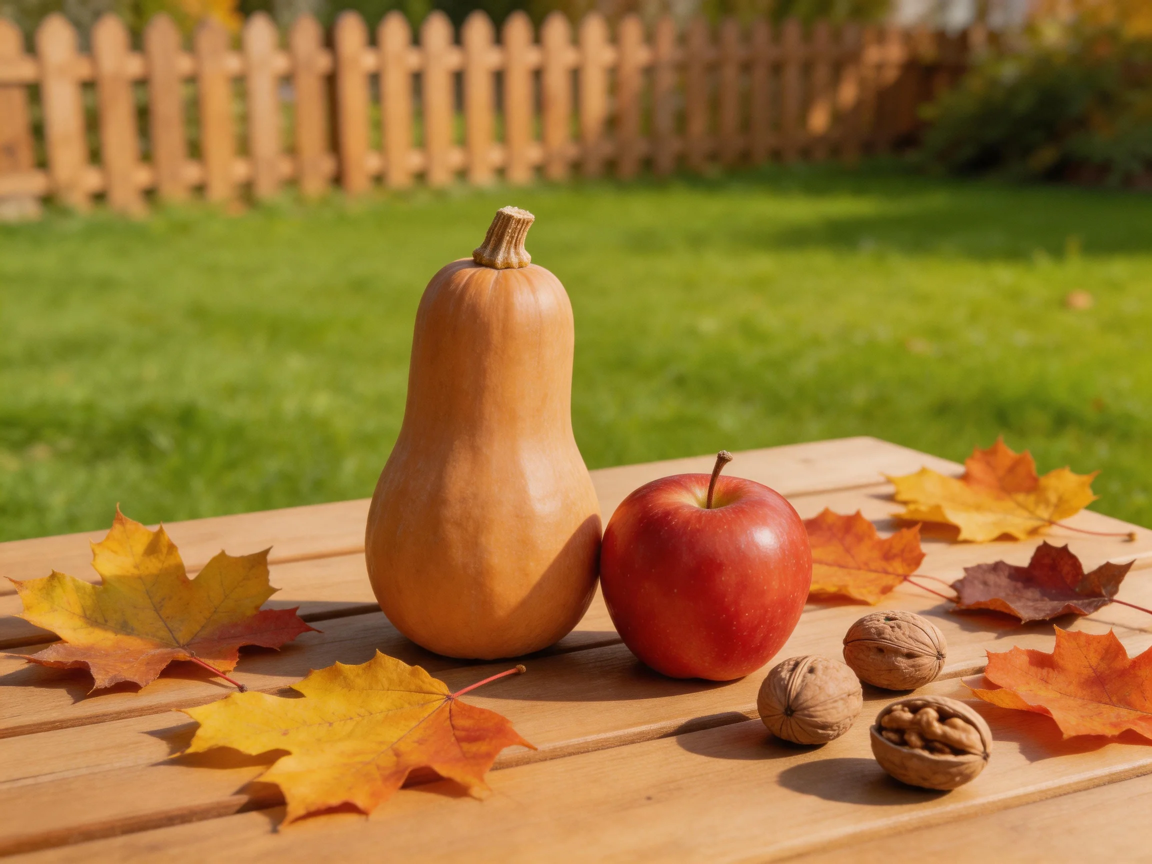 A wooden table holds a squash, apple, walnuts, and autumn leaves outdoors.