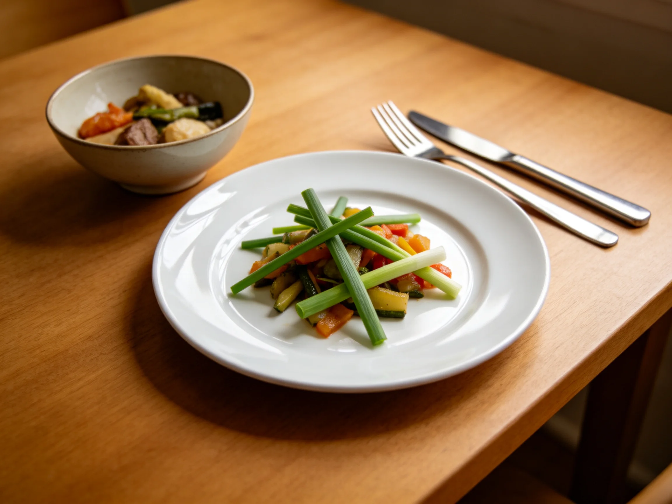 A wooden table holds a white plate of mixed vegetables, a bowl, and silverware